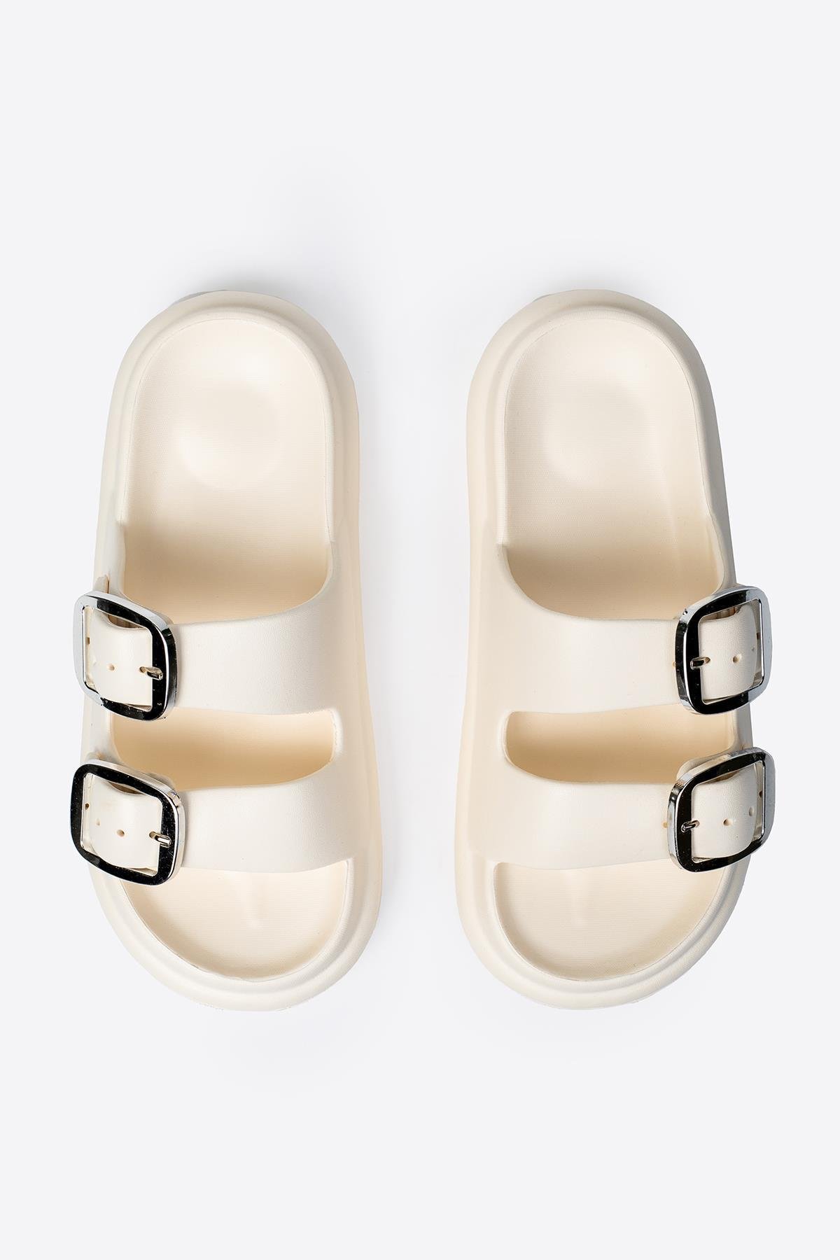 Çift Tokalı Krem Kadın Eva Kalın Taban Terlik Çift Tokalı Krem Kadın Eva Kalın Taban Terlik 