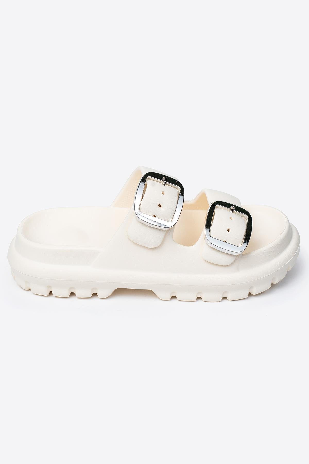 Çift Tokalı Krem Kadın Eva Kalın Taban Terlik Çift Tokalı Krem Kadın Eva Kalın Taban Terlik 