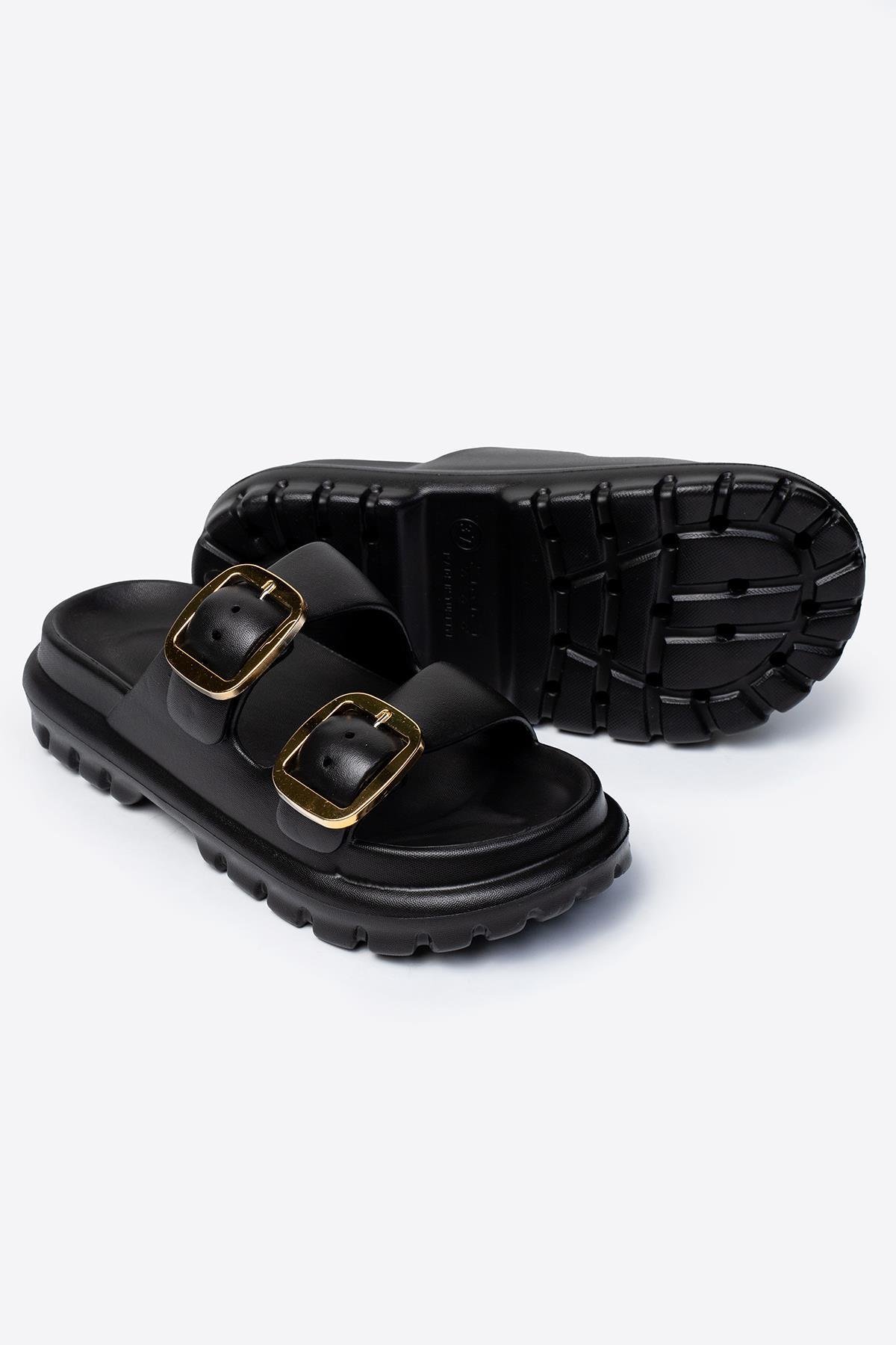 Çift Tokalı Siyah Kadın Eva Kalın Taban Terlik 