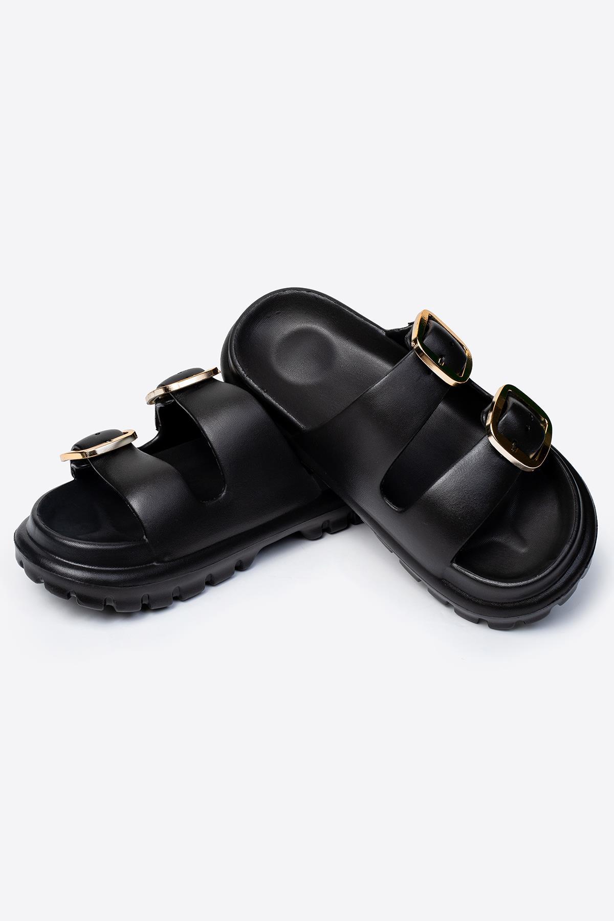 Çift Tokalı Siyah Kadın Eva Kalın Taban Terlik 