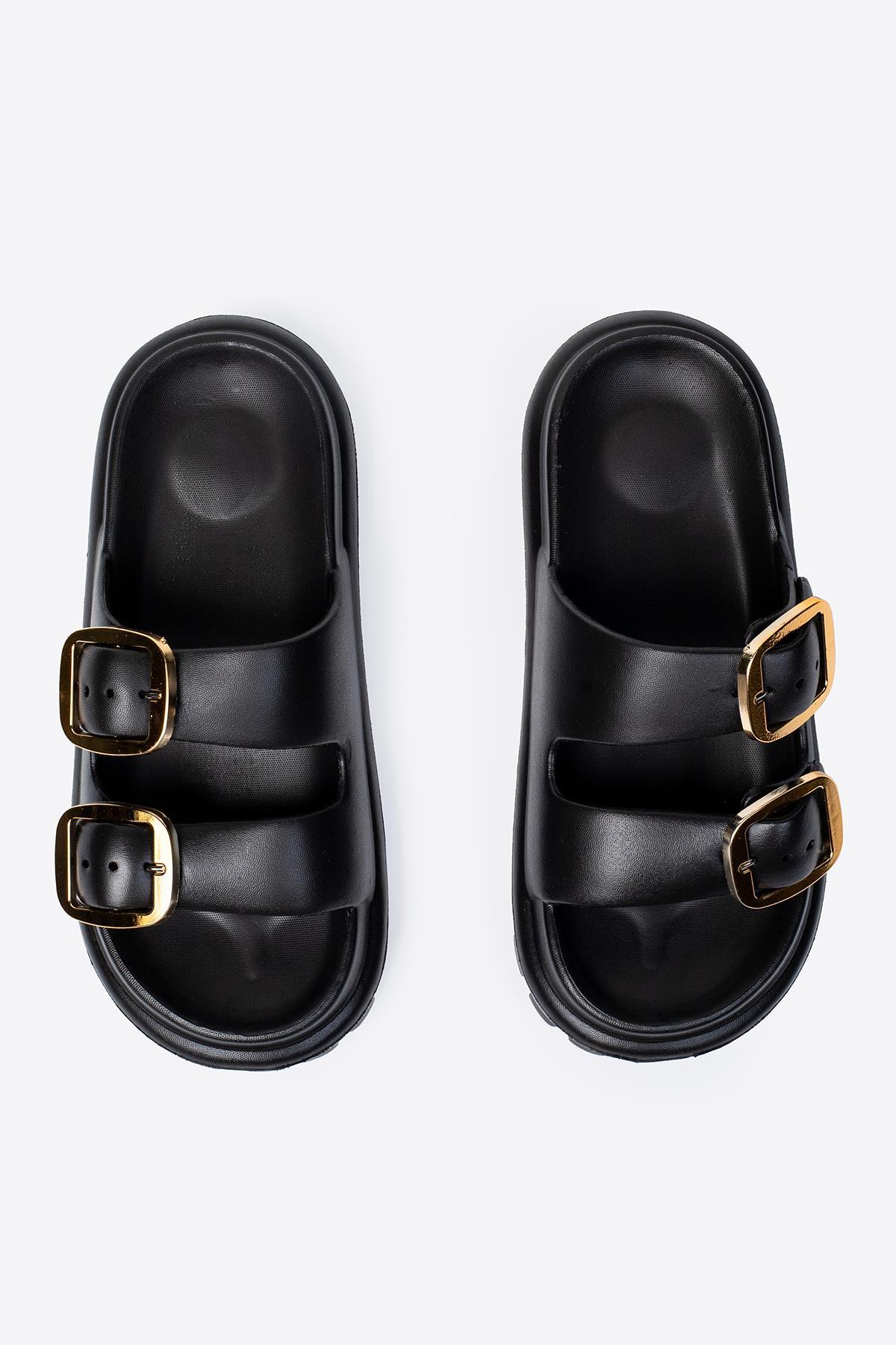 Çift Tokalı Siyah Kadın Eva Kalın Taban Terlik 