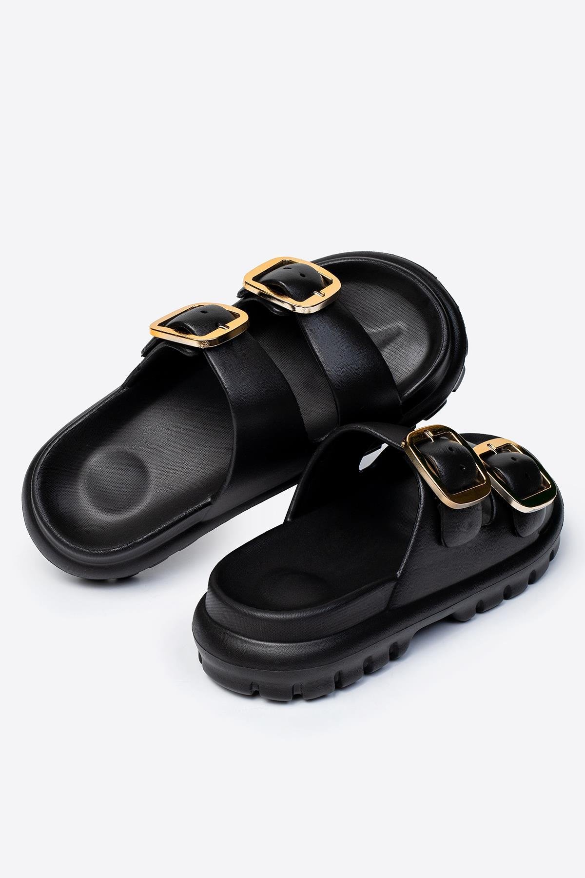 Çift Tokalı Siyah Kadın Eva Kalın Taban Terlik 