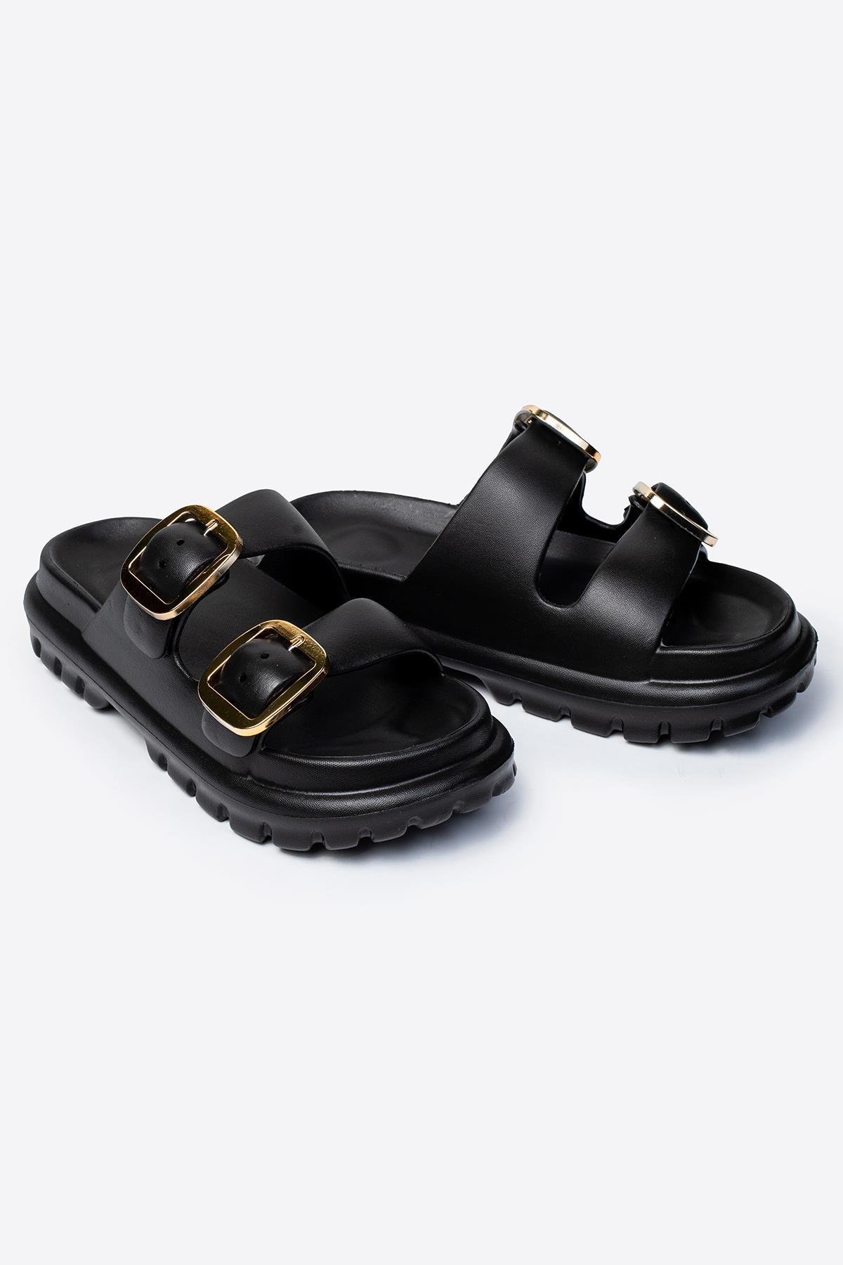 Çift Tokalı Siyah Kadın Eva Kalın Taban Terlik 