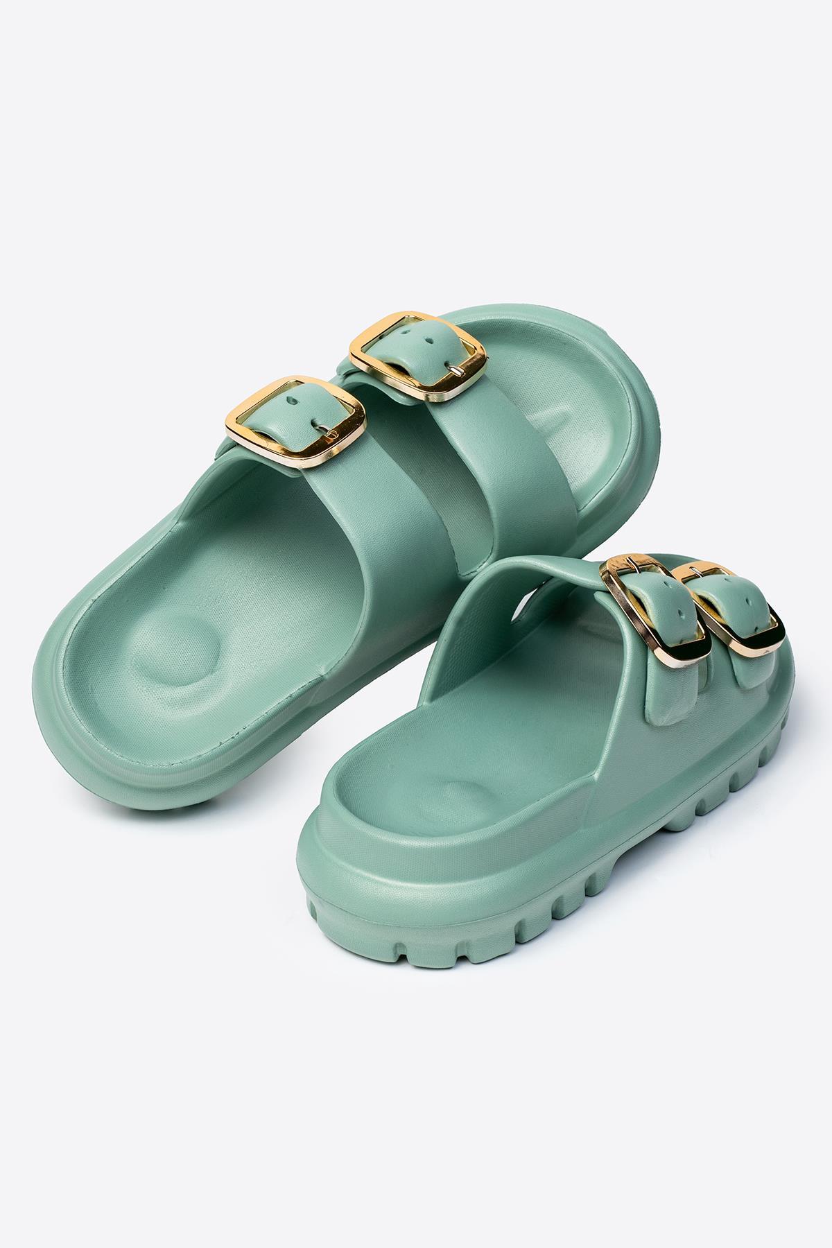 Çift Tokalı Yeşil Kadın Eva Kalın Taban Terlik 