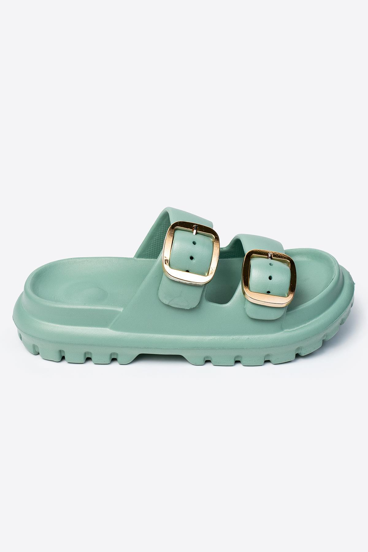 Çift Tokalı Yeşil Kadın Eva Kalın Taban Terlik 