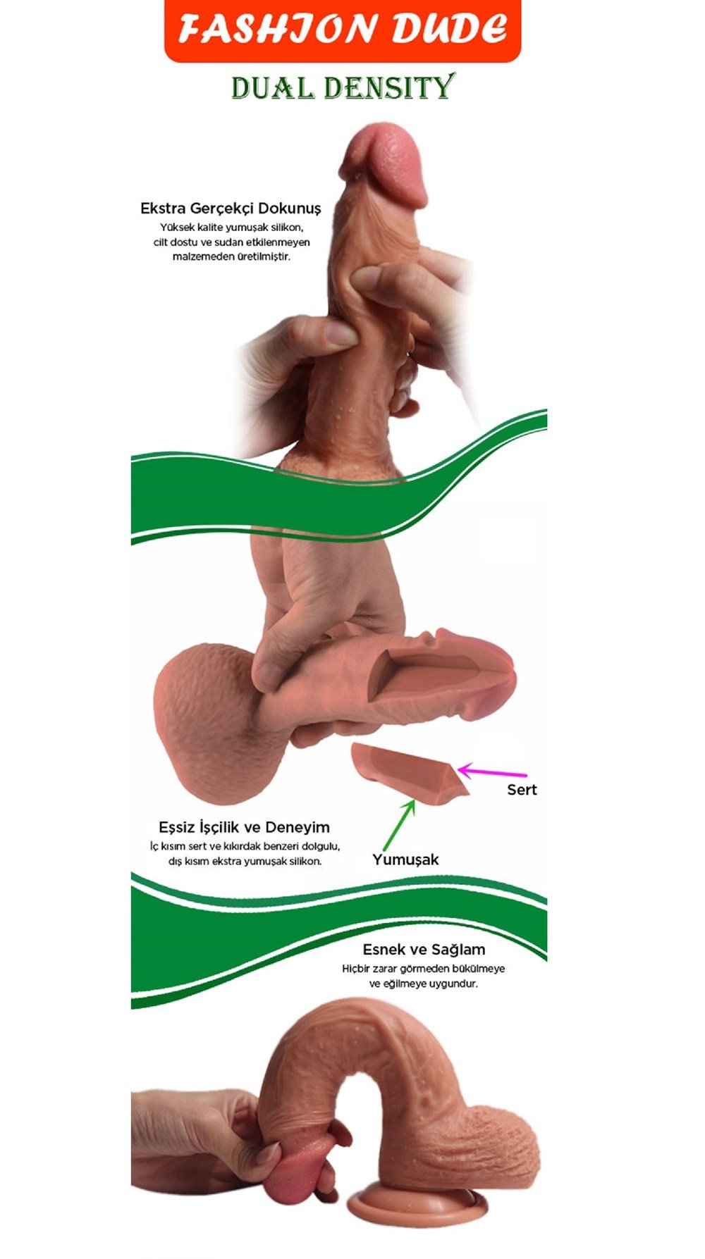 17,5 cm Gerçekçi Çift Katmanlı Silikon Penis