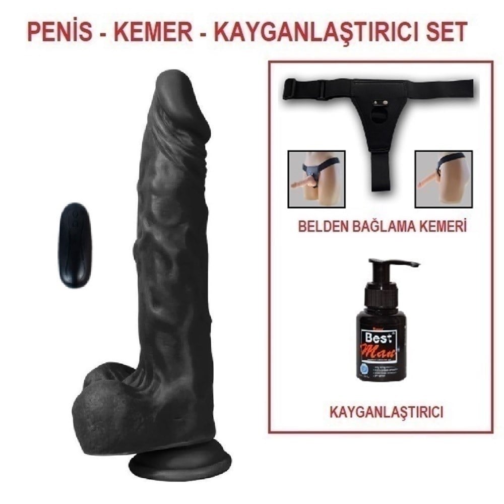 21 cm Belden BağlamalıTitreşimli Gerçekçi Silikon Zenci Penis Set