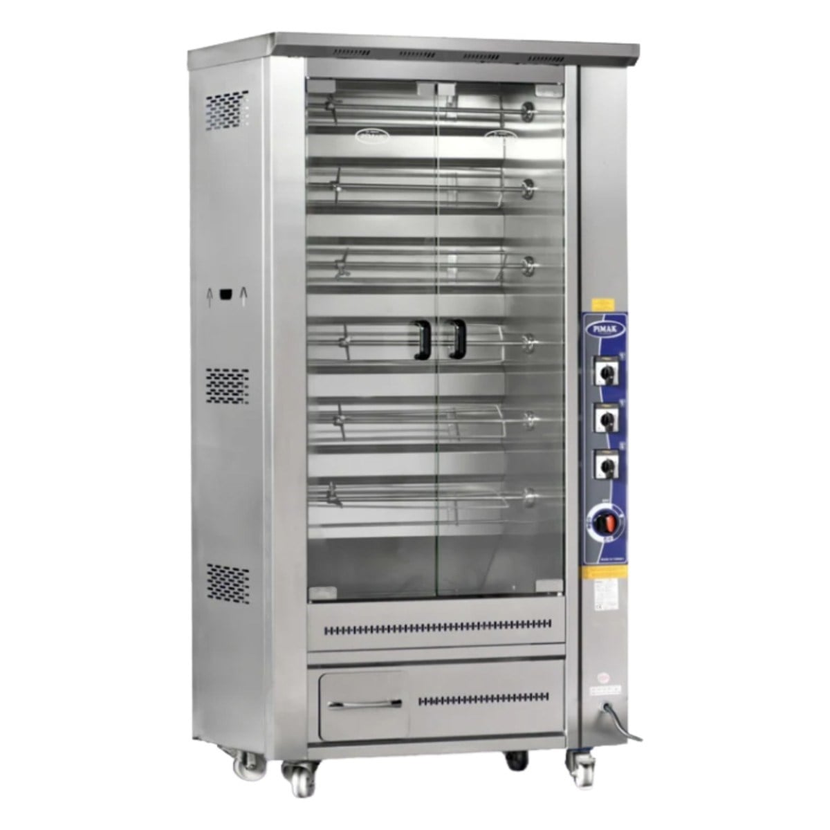 Pimak M011-DE Elektrikli Dik Tip Piliç Çevirme Makinesi, 6 Şiş / 30 Piliç, 105x60x190 cm-PİLİÇ ÇEVİRME MAKİNALARI - Demasan
