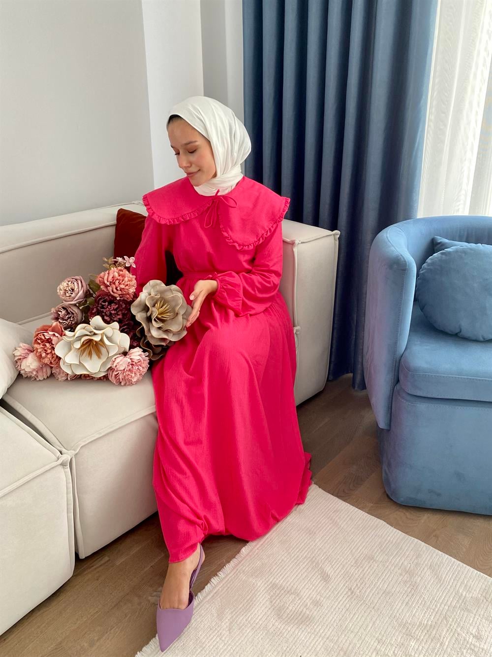 Geniş Yaka Elbise Pembe