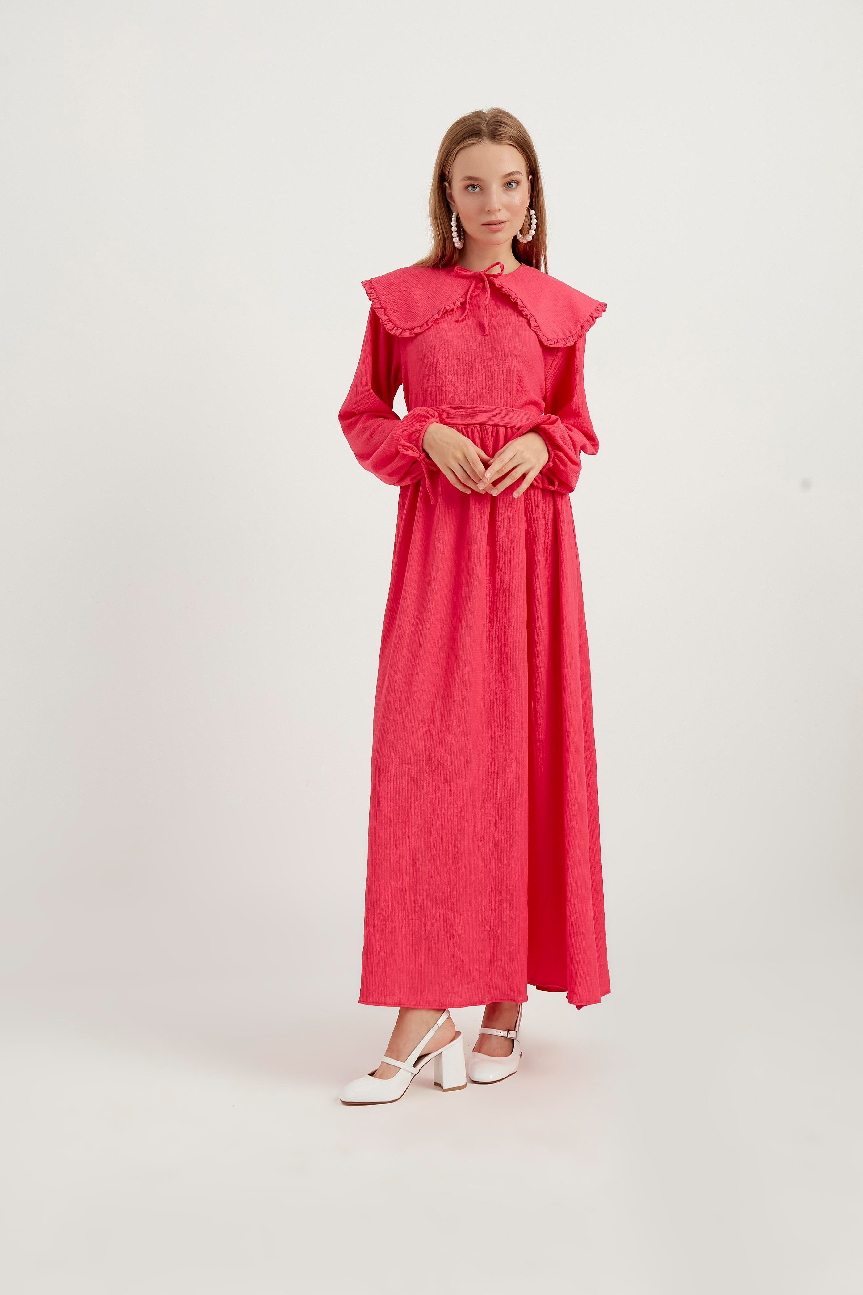 Geniş Yaka Elbise Pembe