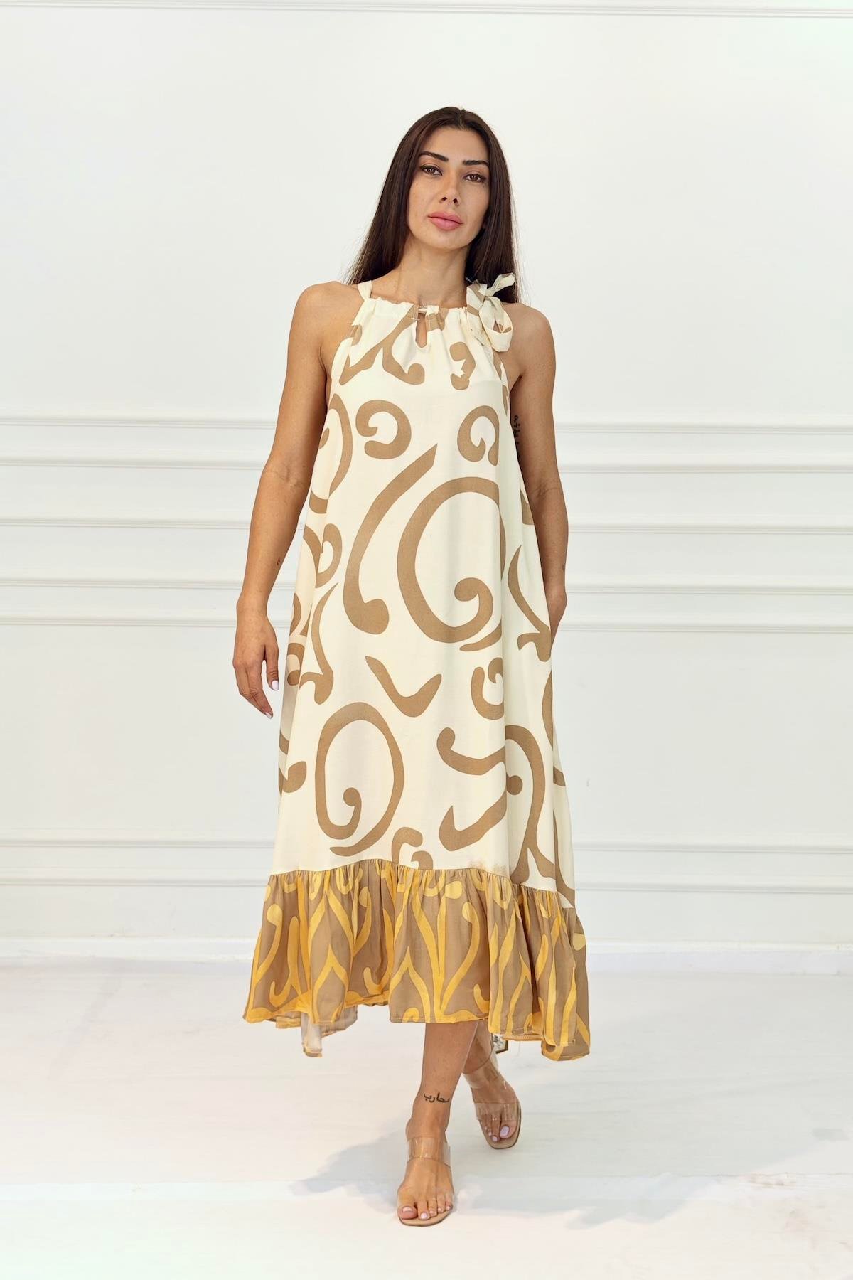 Bej Desenli Boyundan Bağlamalı Cepli Uzun Elbise