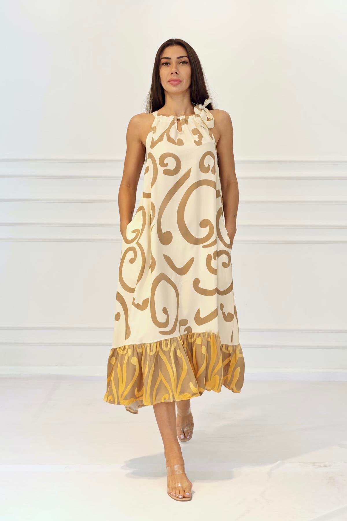 Bej Desenli Boyundan Bağlamalı Cepli Uzun Elbise