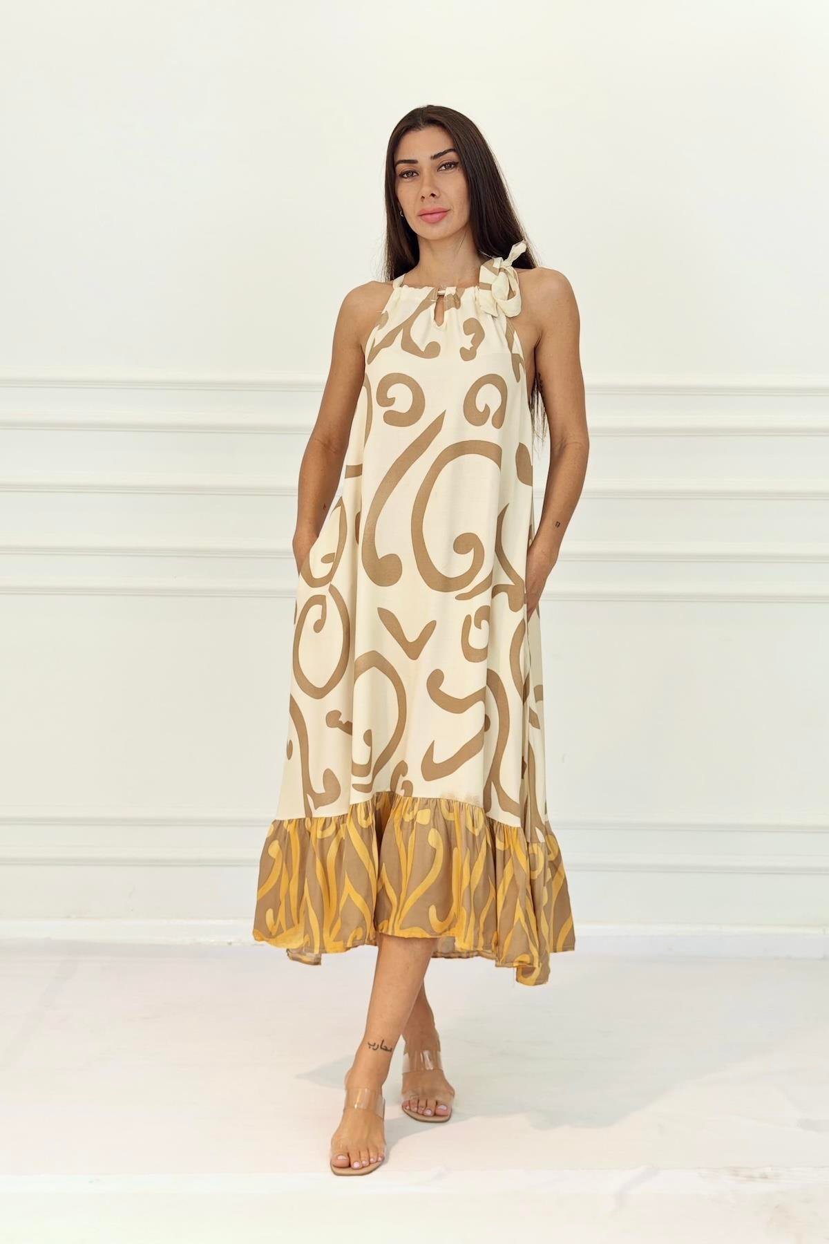 Bej Desenli Boyundan Bağlamalı Cepli Uzun Elbise