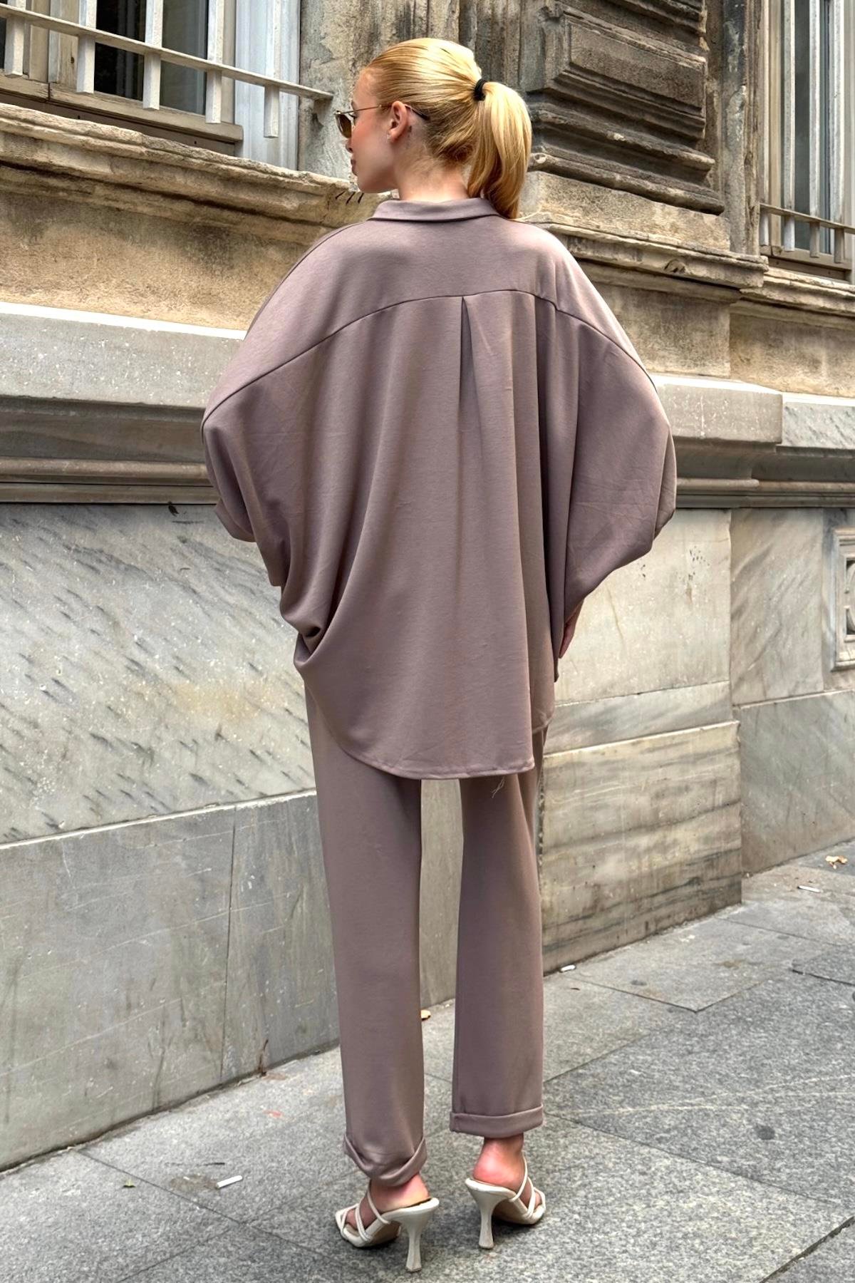 Bej Gömlek Yaka Beli Lastikli Oysho Kumaş İkili Takım