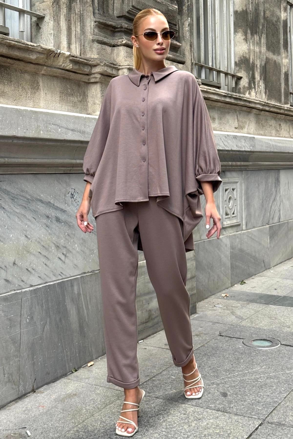 Bej Gömlek Yaka Beli Lastikli Oysho Kumaş İkili Takım