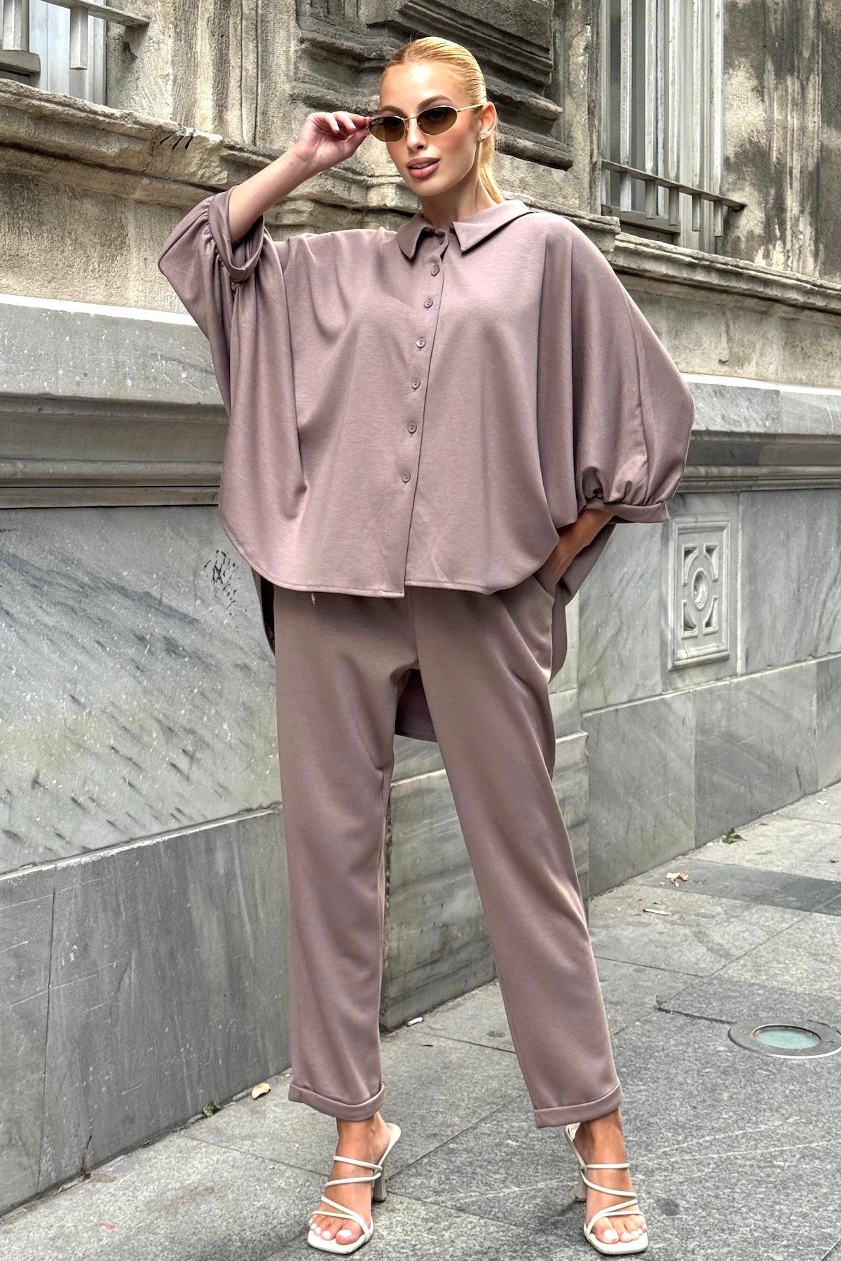 Bej Gömlek Yaka Beli Lastikli Oysho Kumaş İkili Takım