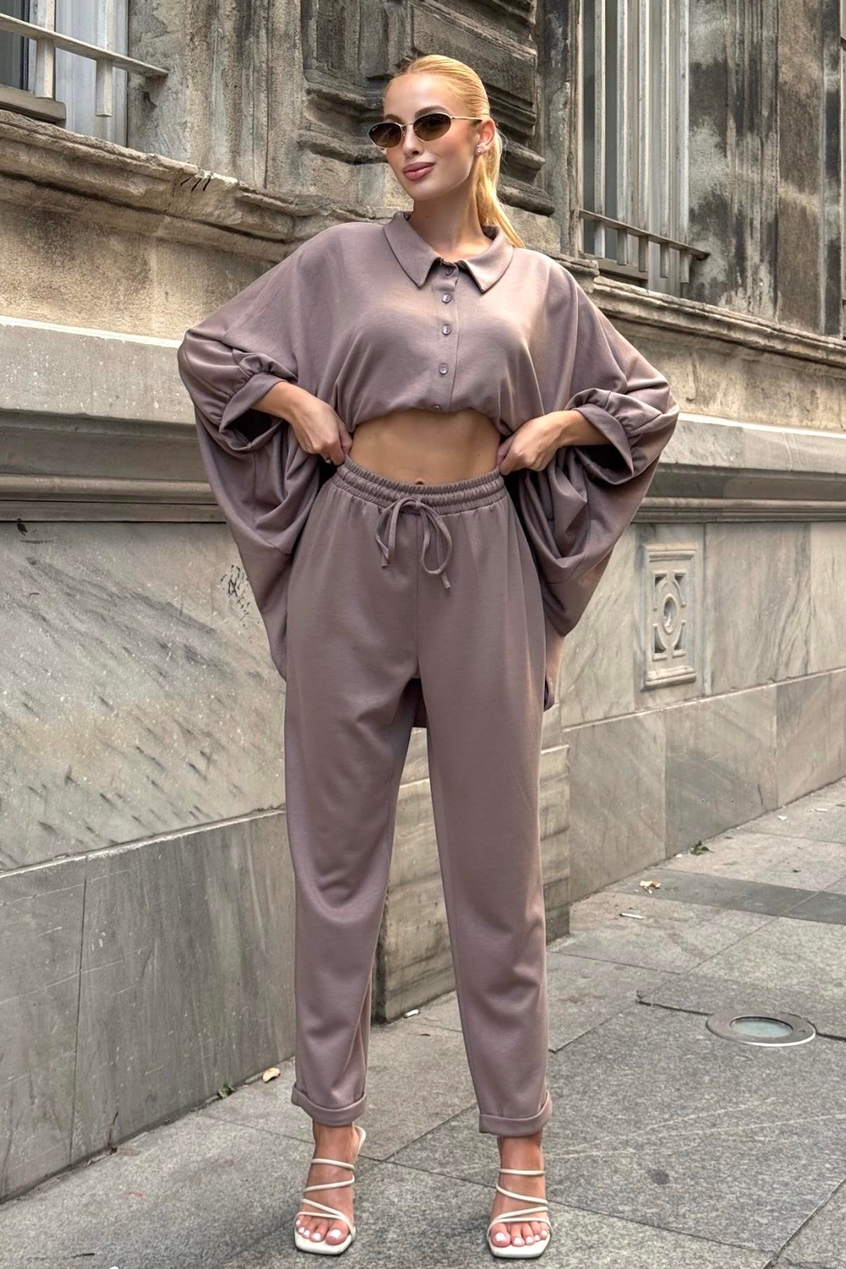 Bej Gömlek Yaka Beli Lastikli Oysho Kumaş İkili Takım