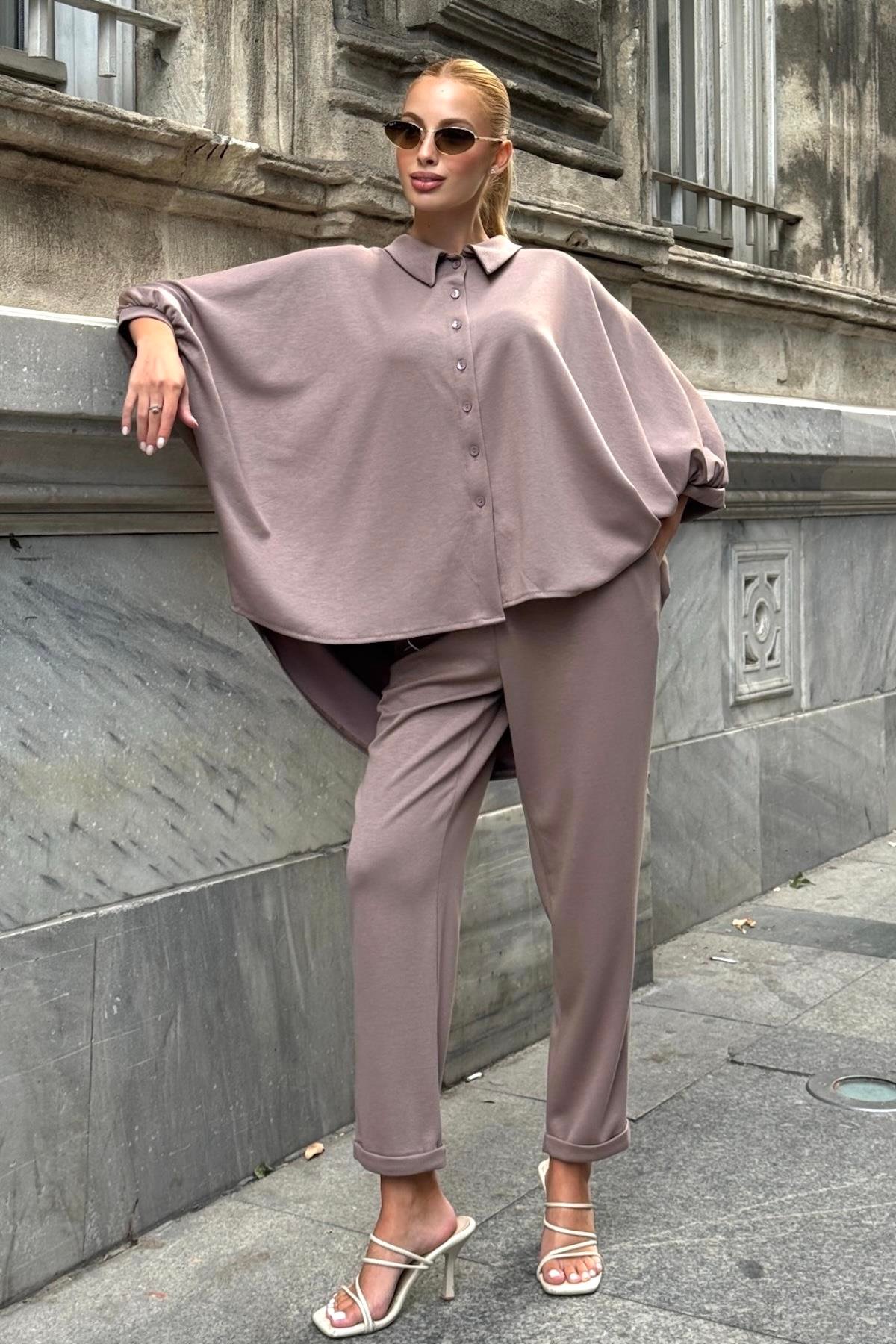 Bej Gömlek Yaka Beli Lastikli Oysho Kumaş İkili Takım