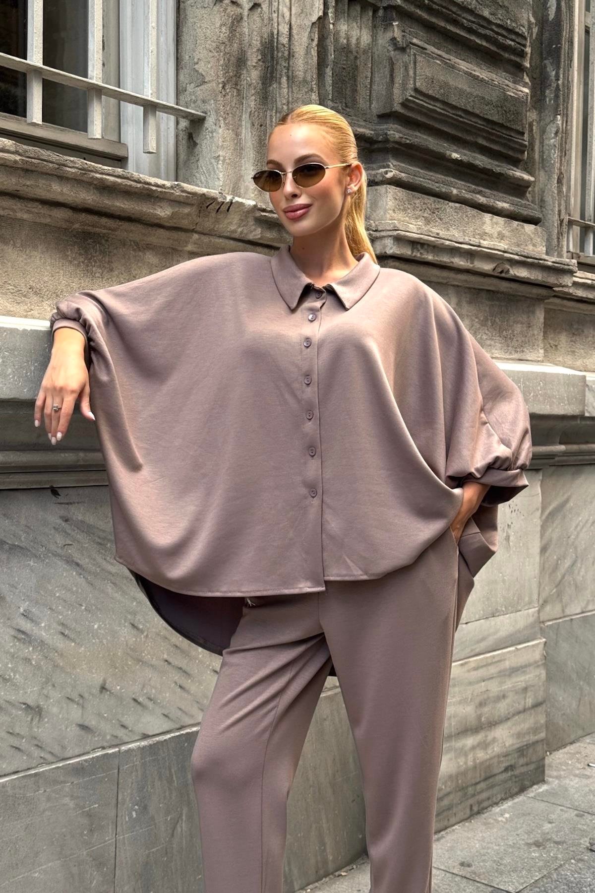 Bej Gömlek Yaka Beli Lastikli Oysho Kumaş İkili Takım