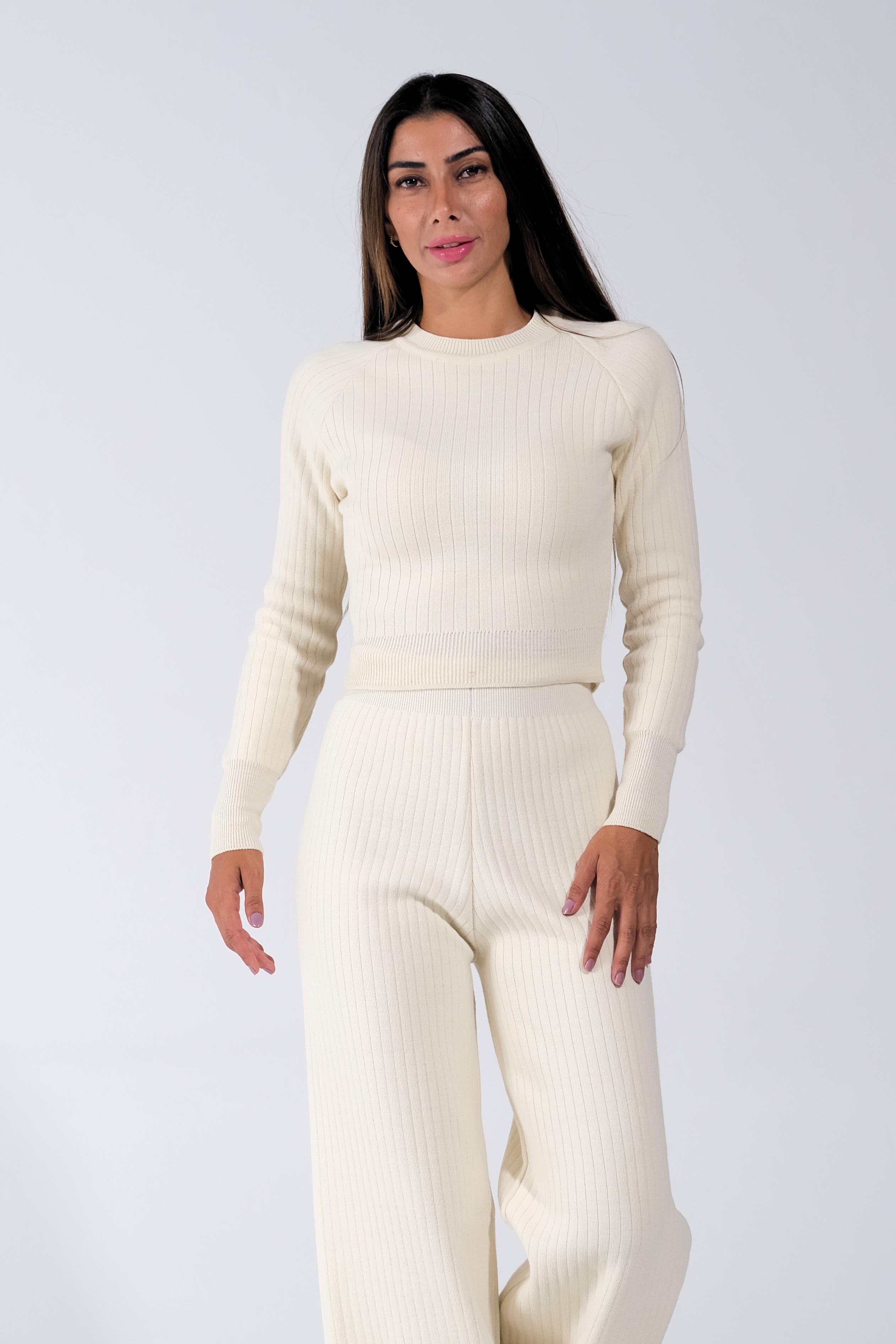 Beyaz Bisiklet Yaka Tunik Pantolon İkili Triko Alt Üst Takım