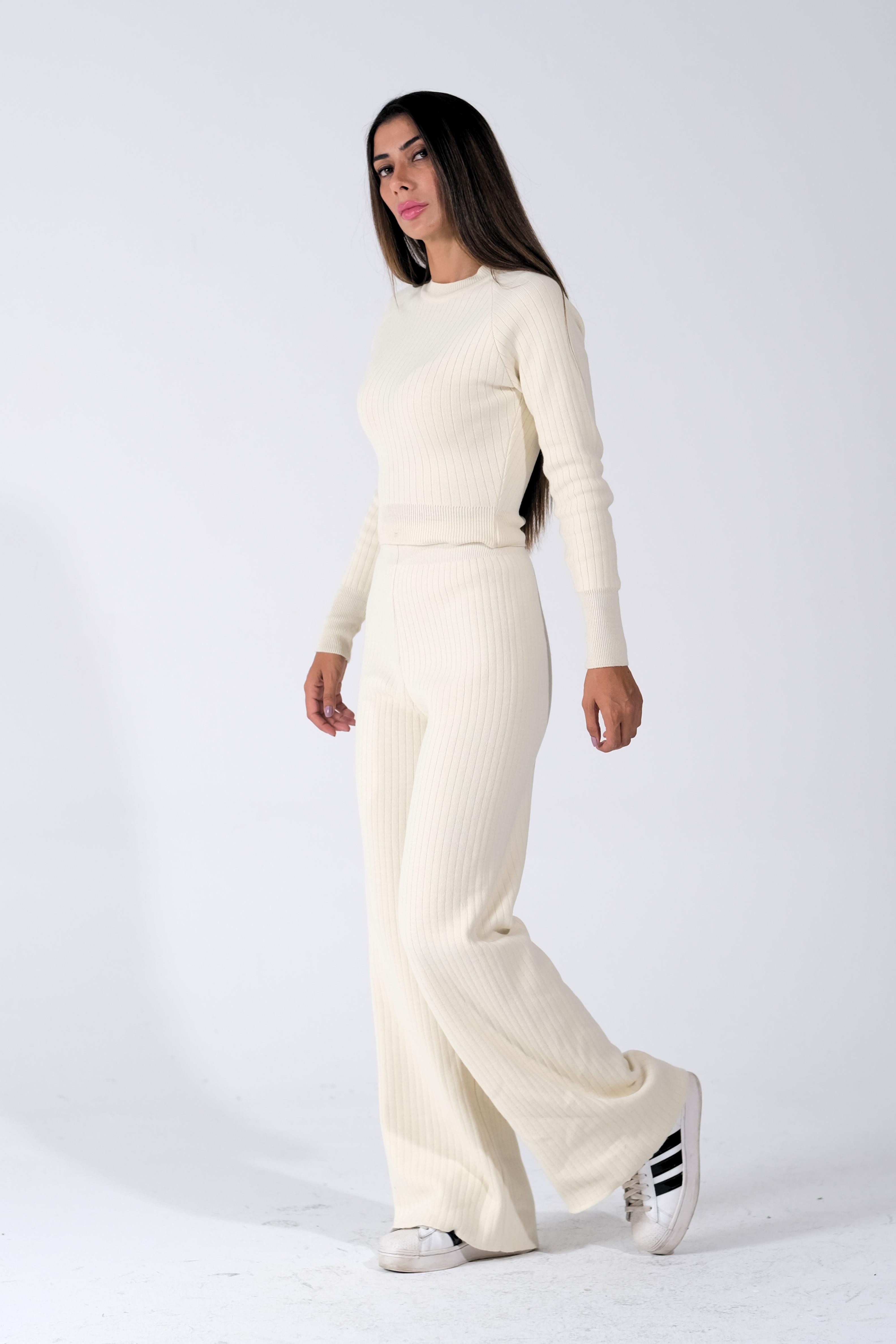 Beyaz Bisiklet Yaka Tunik Pantolon İkili Triko Alt Üst Takım