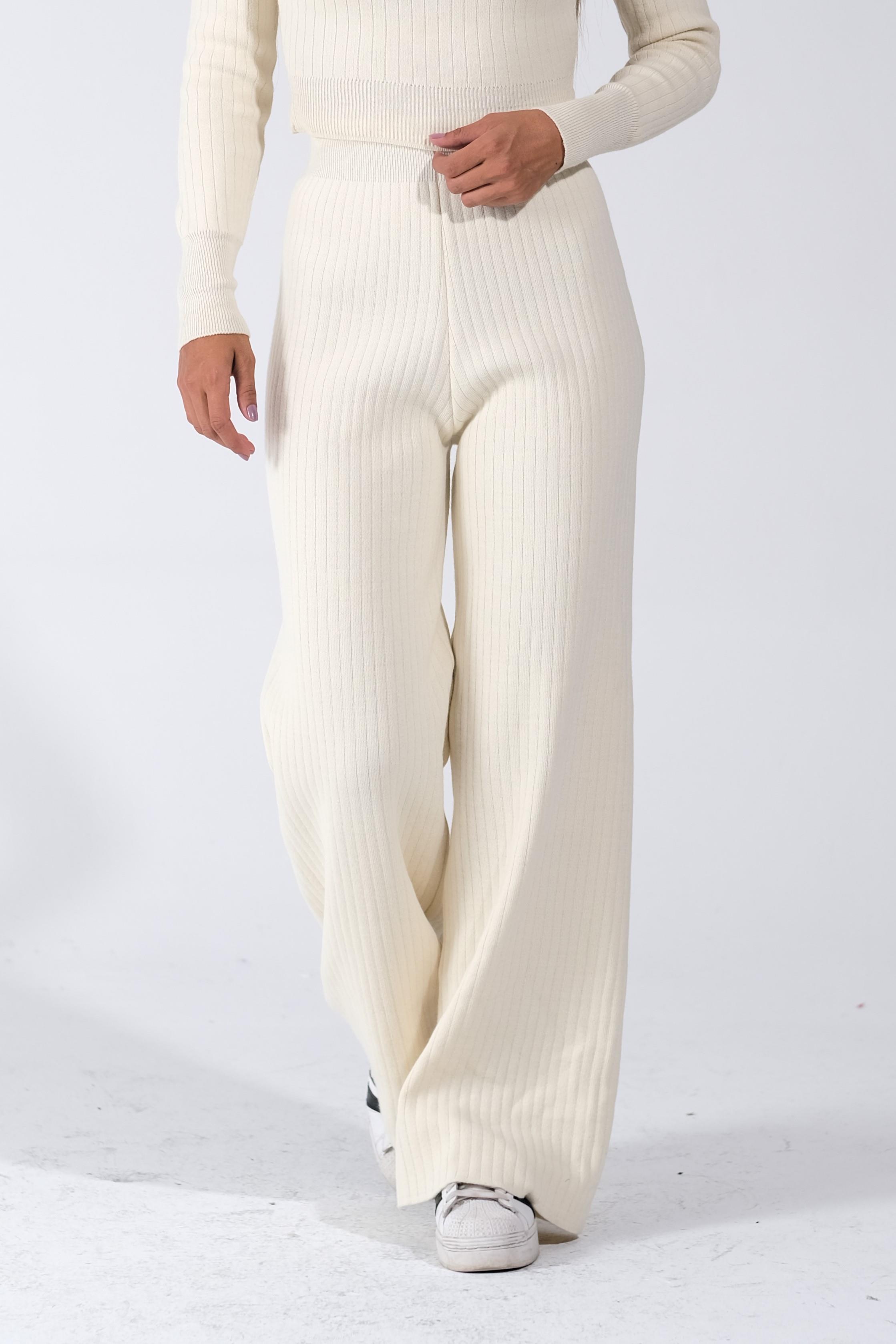 Beyaz Bisiklet Yaka Tunik Pantolon İkili Triko Alt Üst Takım