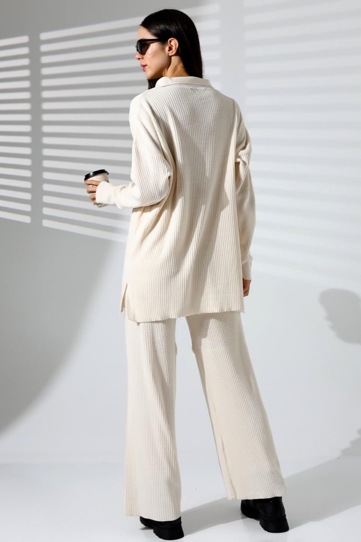 Beyaz V Yaka Fitilli Tunik Pantolon Triko Alt Üst Takım