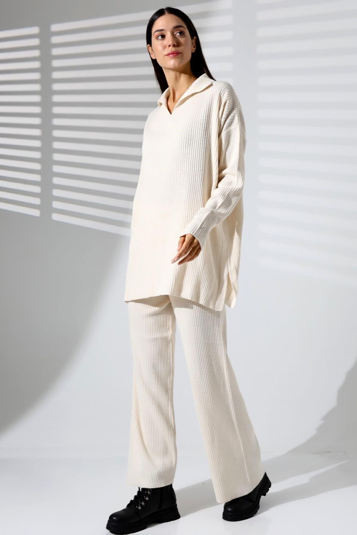 Beyaz V Yaka Fitilli Tunik Pantolon Triko Alt Üst Takım