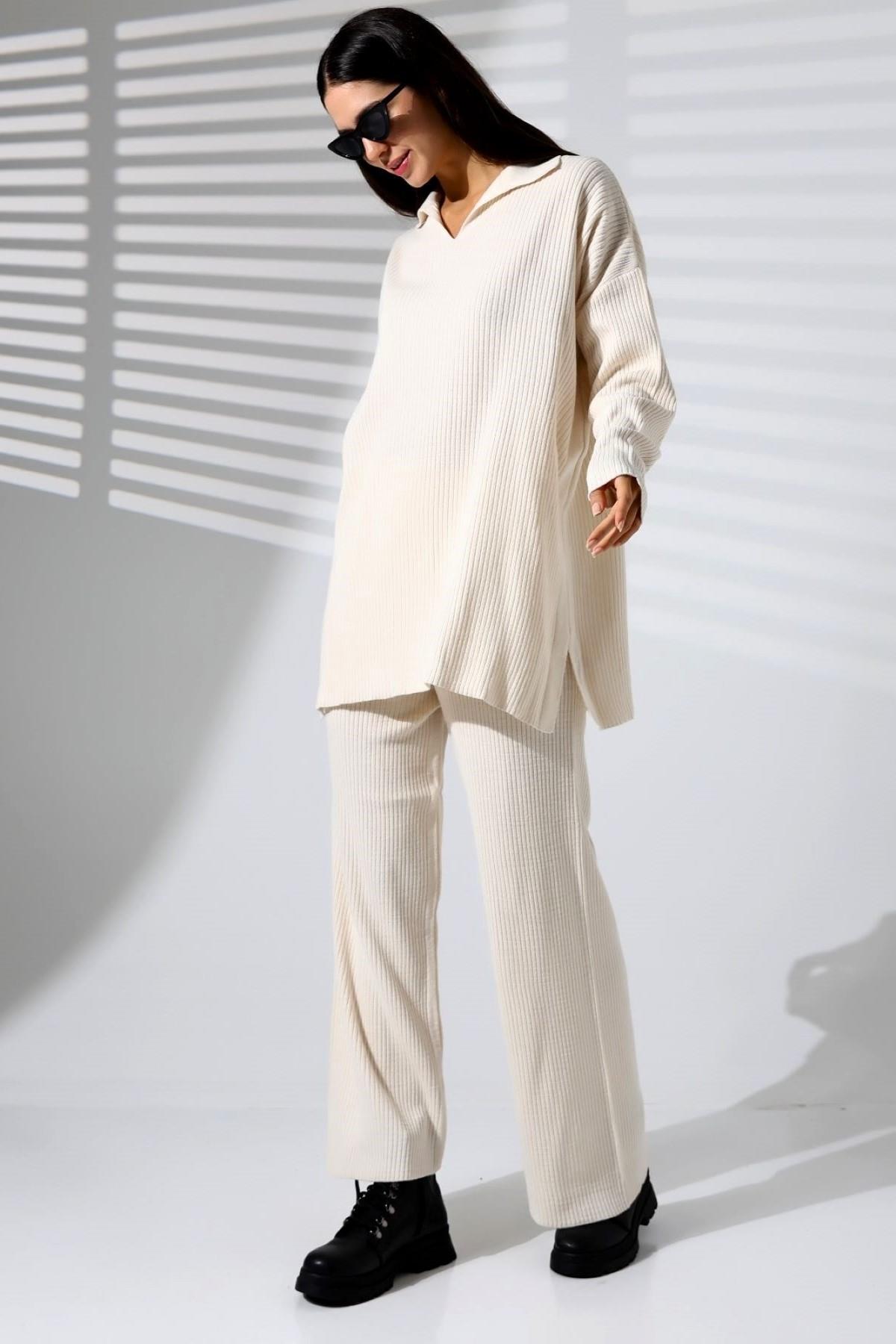 Beyaz V Yaka Fitilli Tunik Pantolon Triko Alt Üst Takım