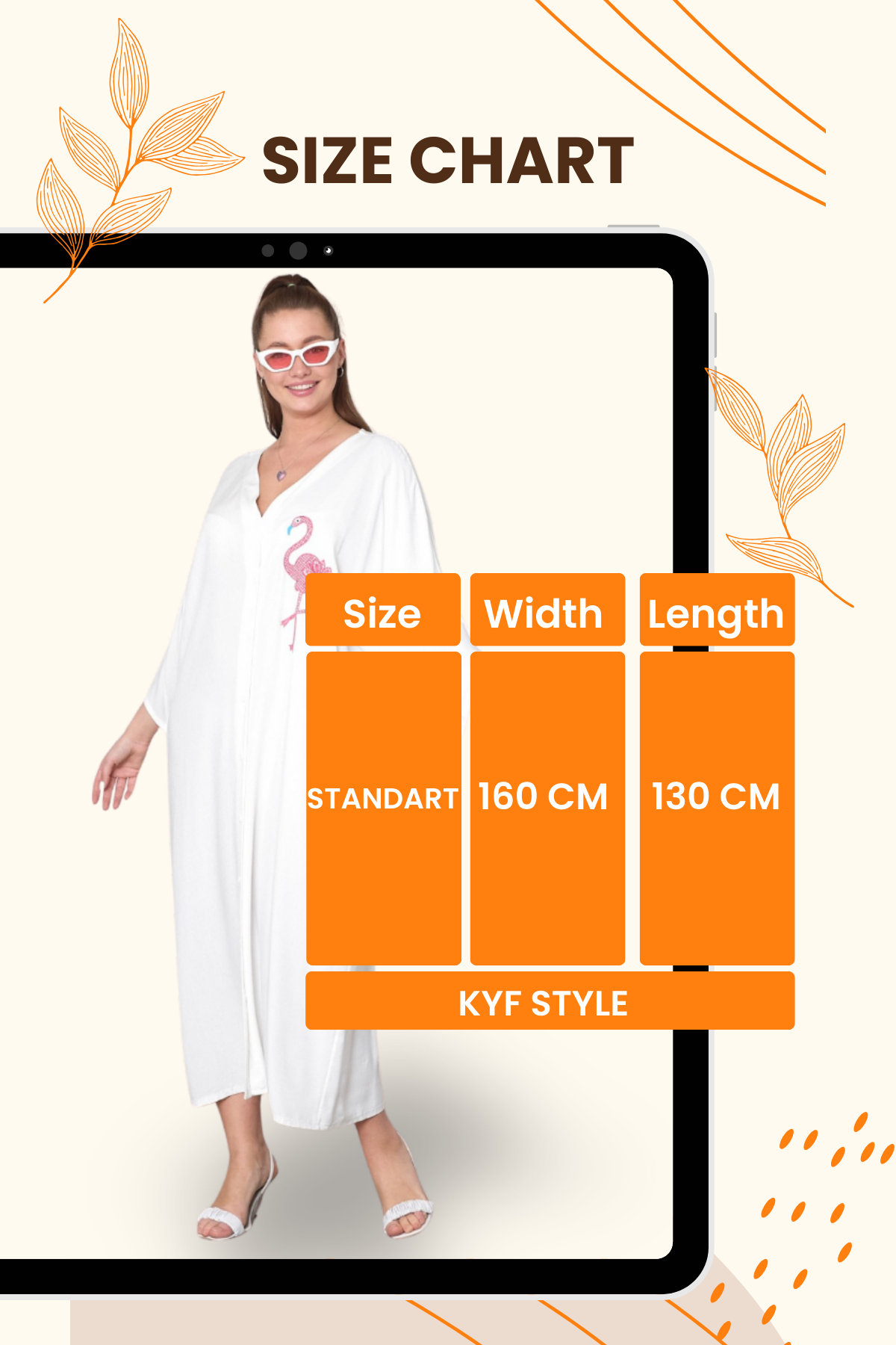 Beyaz V Yaka Önü ve Sırtı Flamingo Nakışlı Cepli Oversize Uzun Gömlek Elbise