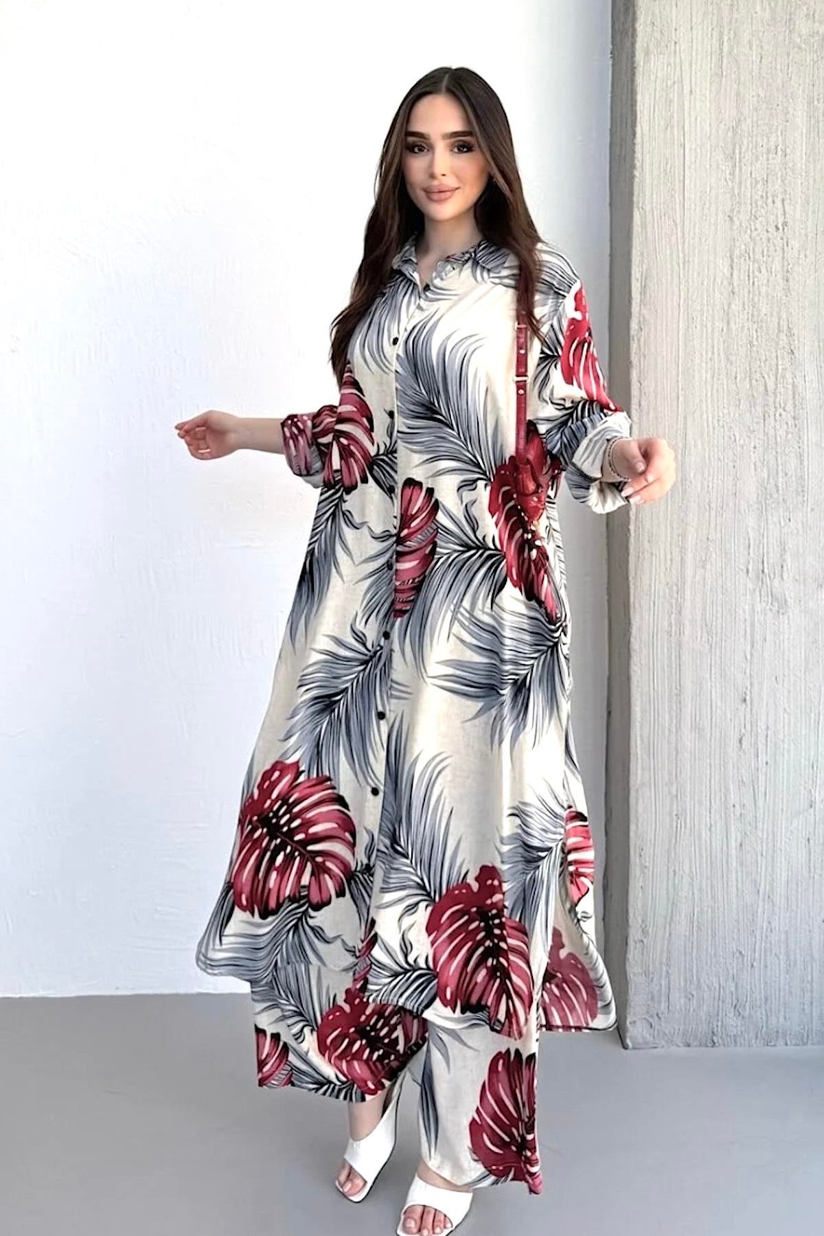 Bordo Desenli Cepli Beli Lastikli Gömlek Pantolon Kaftan Takım