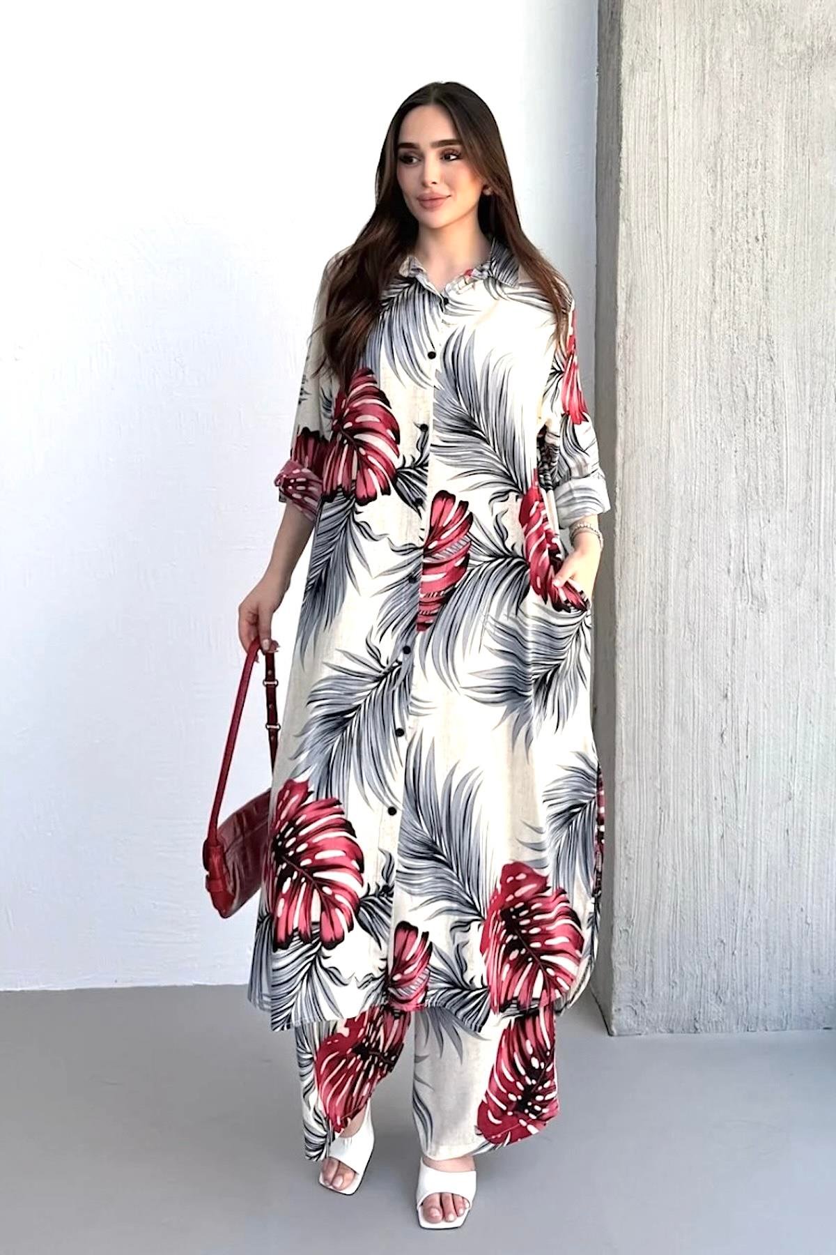 Bordo Desenli Cepli Beli Lastikli Gömlek Pantolon Kaftan Takım