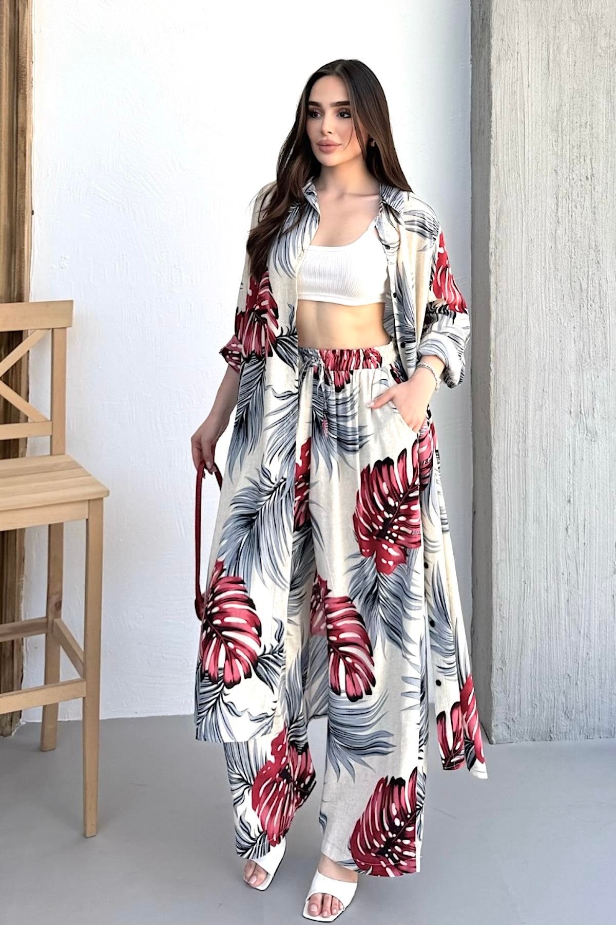 Bordo Desenli Cepli Beli Lastikli Gömlek Pantolon Kaftan Takım