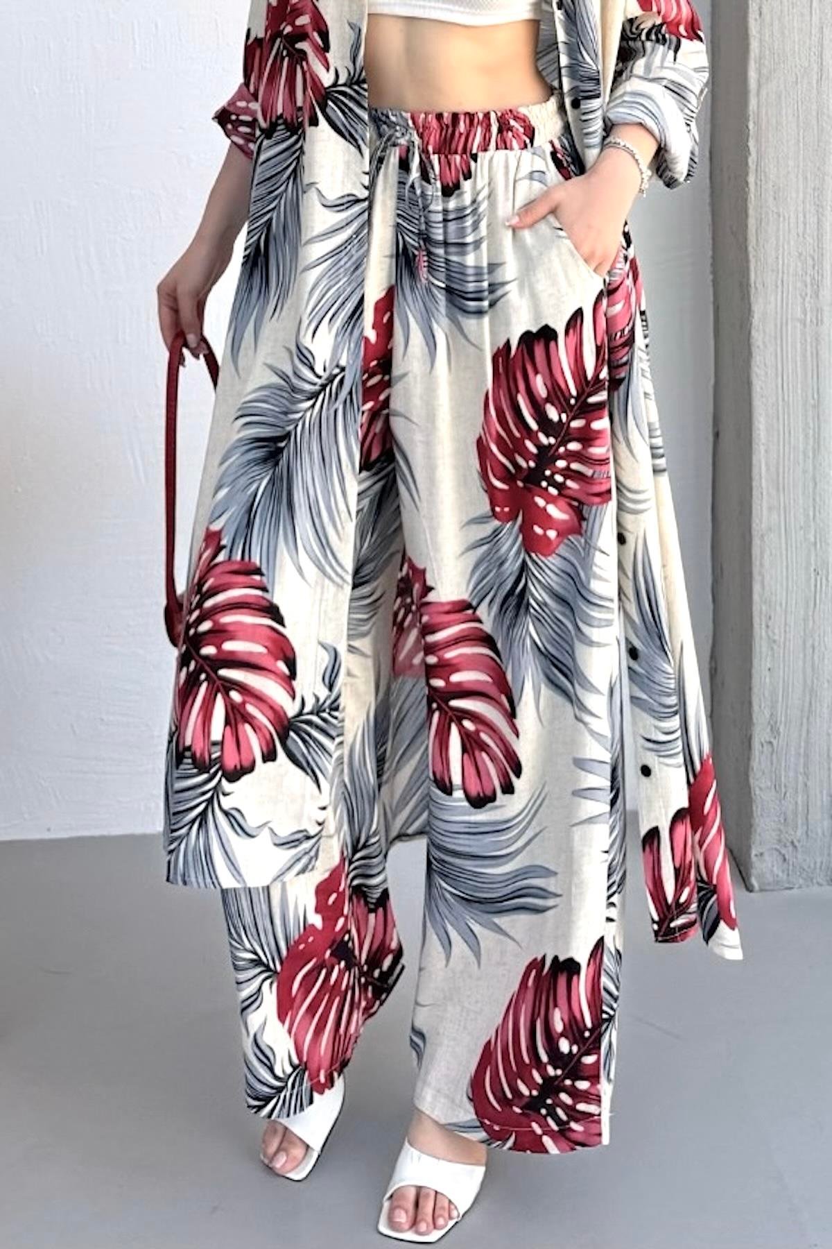 Bordo Desenli Cepli Beli Lastikli Gömlek Pantolon Kaftan Takım