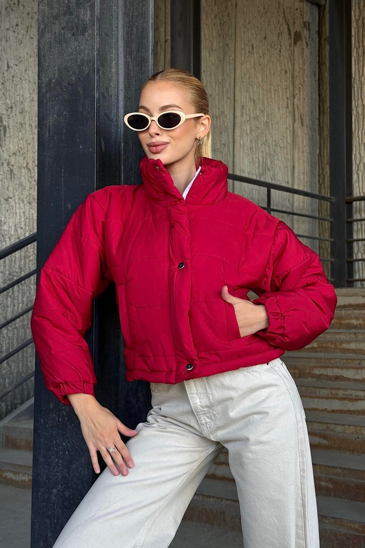 معطف قصير قابل للنفخ بياقة قصيرة بياقة الوقوف باللون العنابي مع سحاب بقفل كبسولة