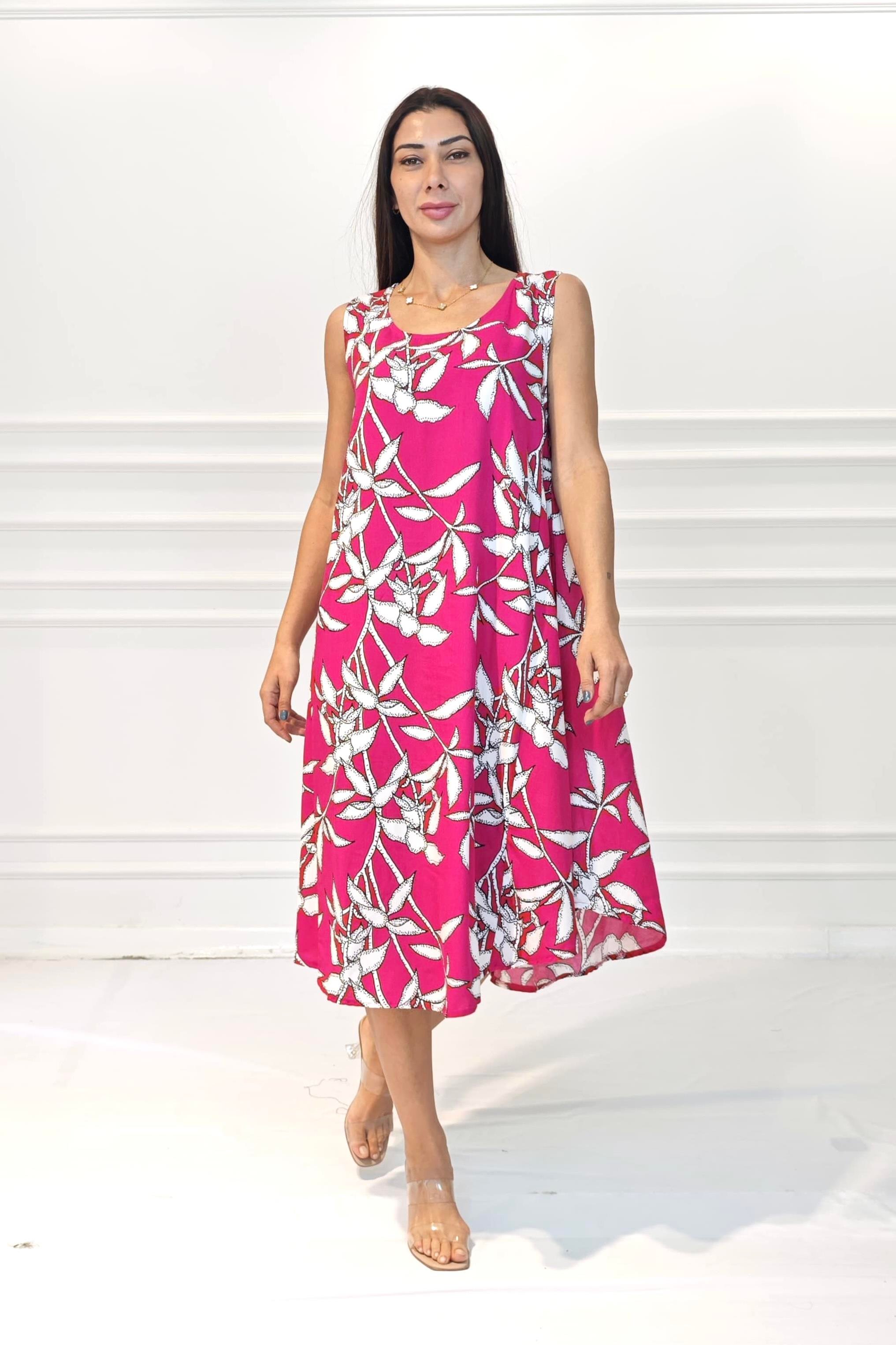 Fuşya Çiçekli U Yaka Askılı Midi Elbise