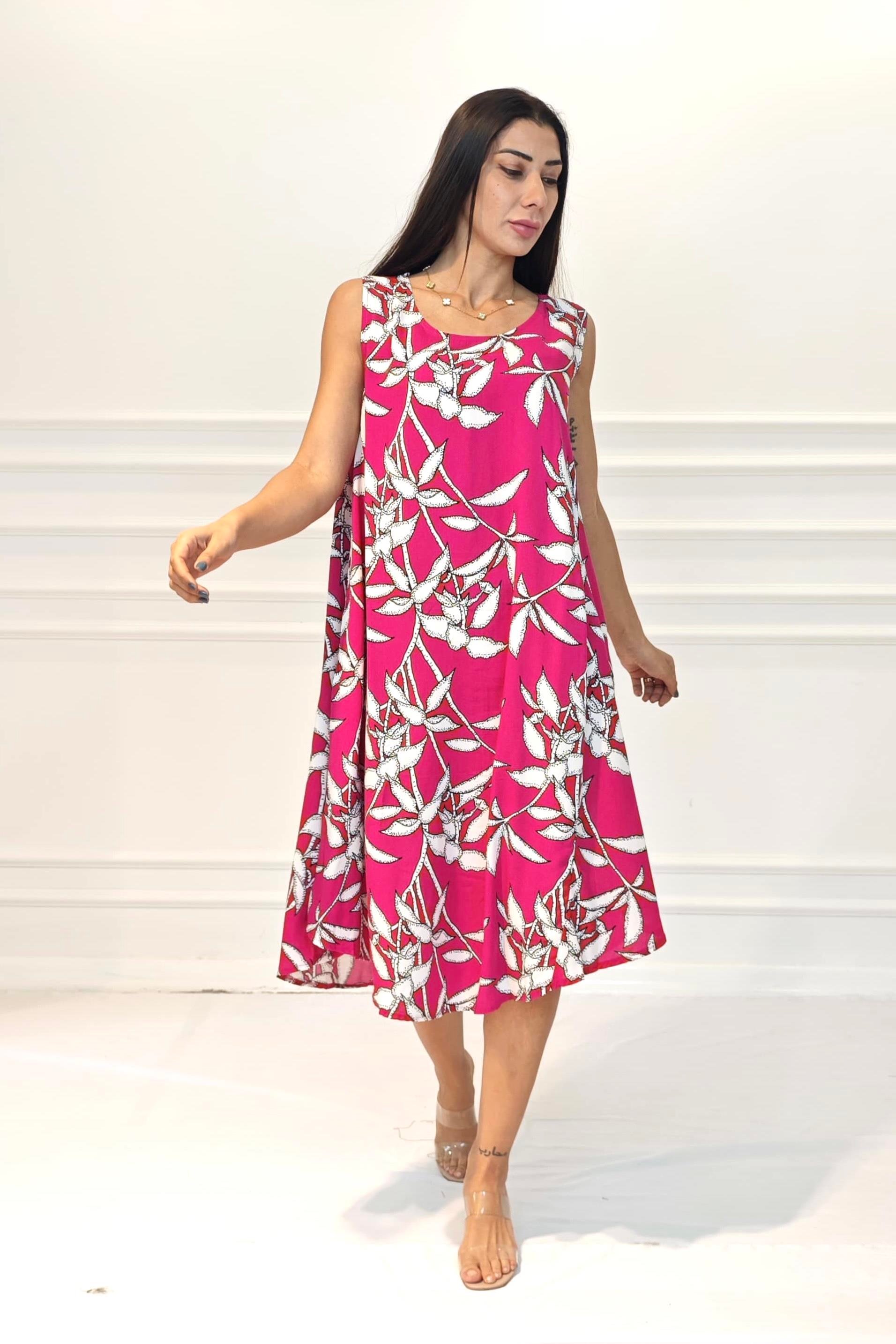 Fuşya Çiçekli U Yaka Askılı Midi Elbise