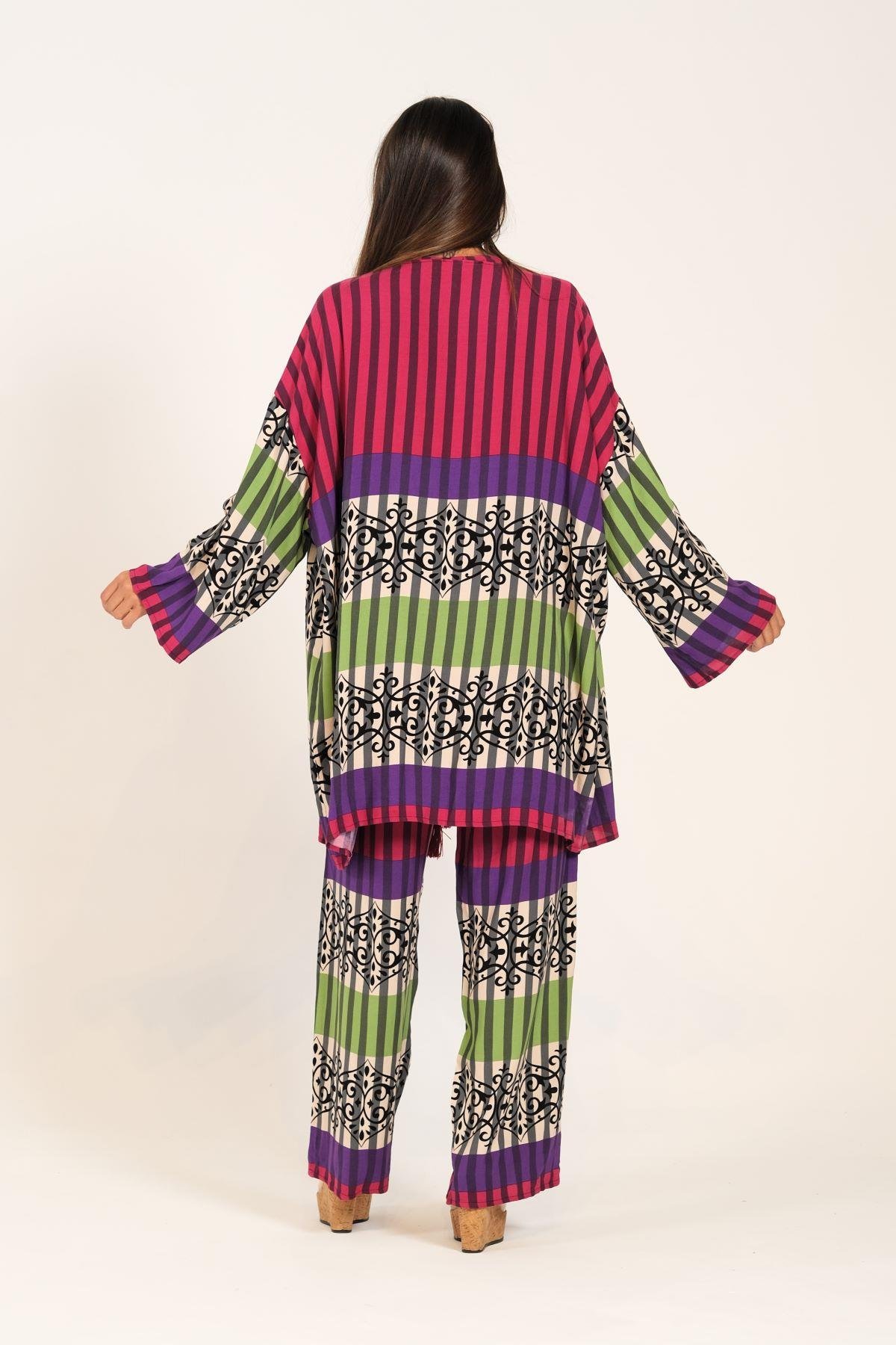 Fuşya Çizgili Tunik Bluz Pantolon Üçlü Takım