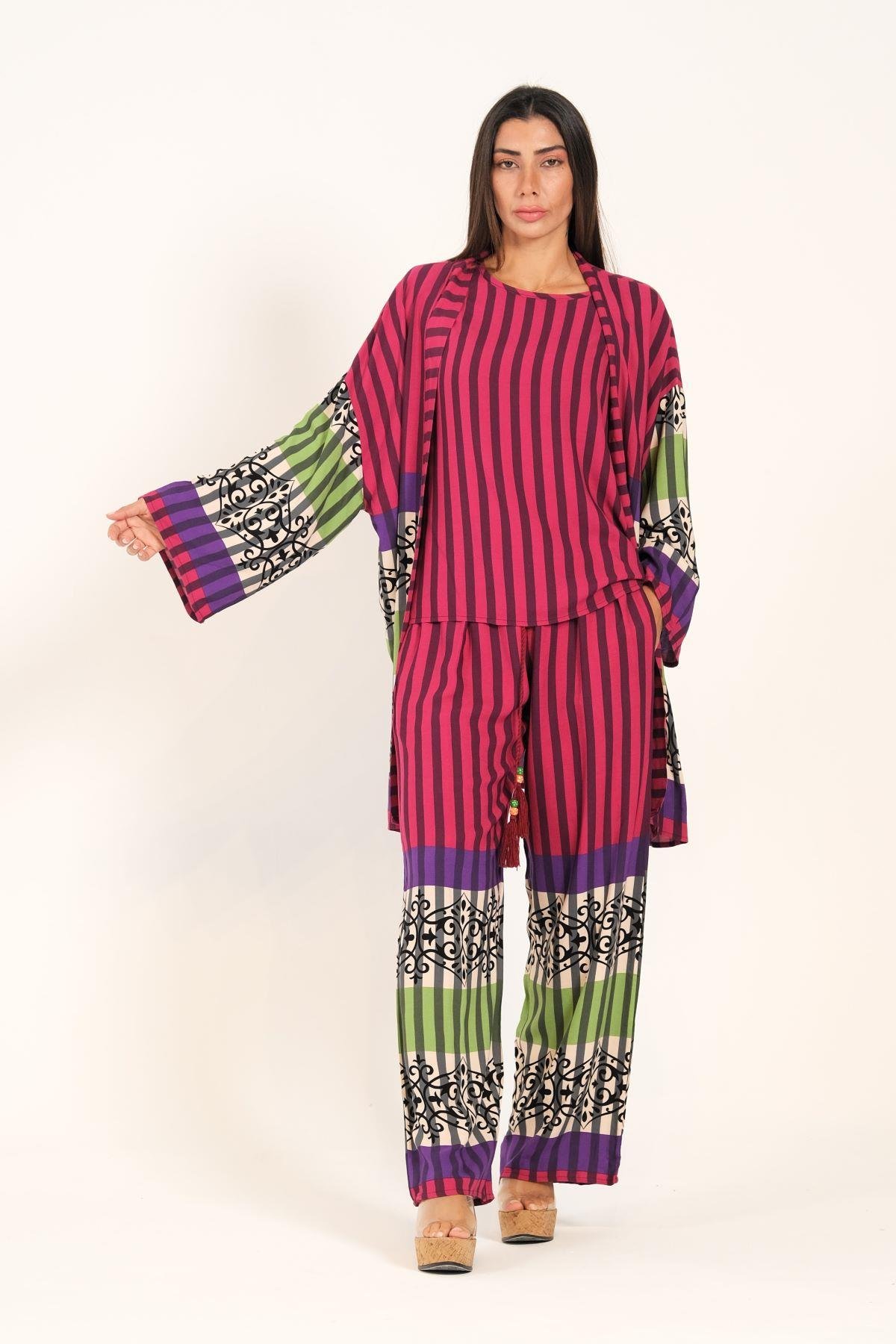 Fuşya Çizgili Tunik Bluz Pantolon Üçlü Takım