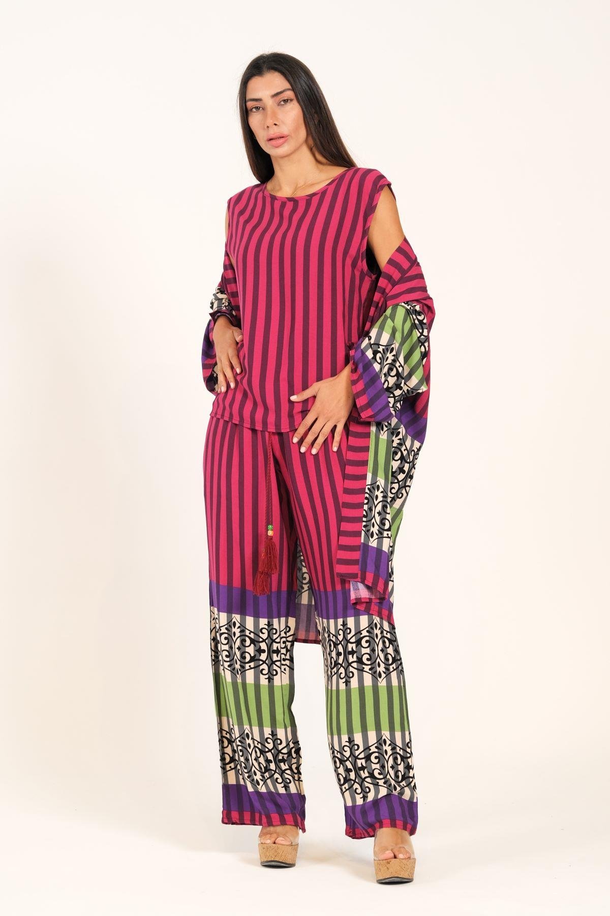 Fuşya Çizgili Tunik Bluz Pantolon Üçlü Takım