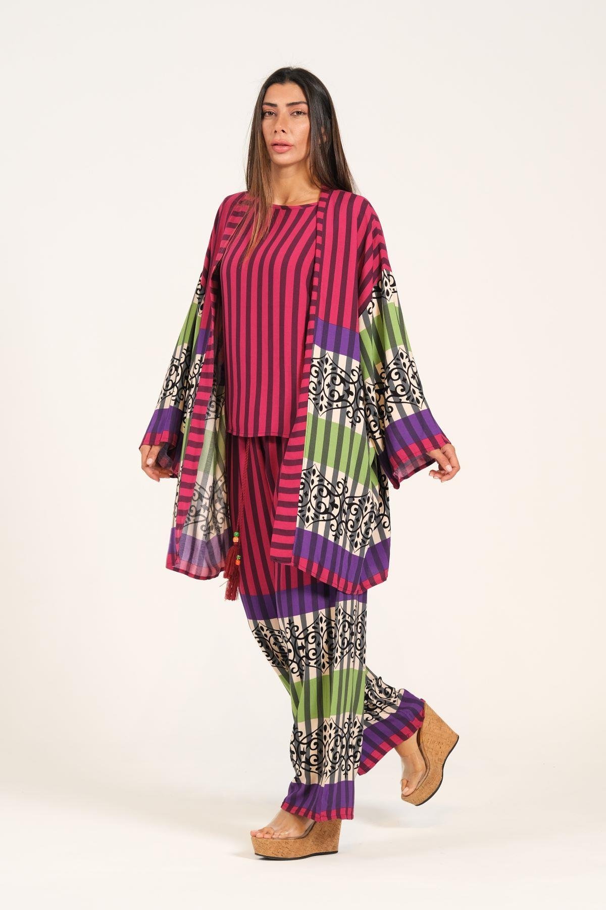 Fuşya Çizgili Tunik Bluz Pantolon Üçlü Takım
