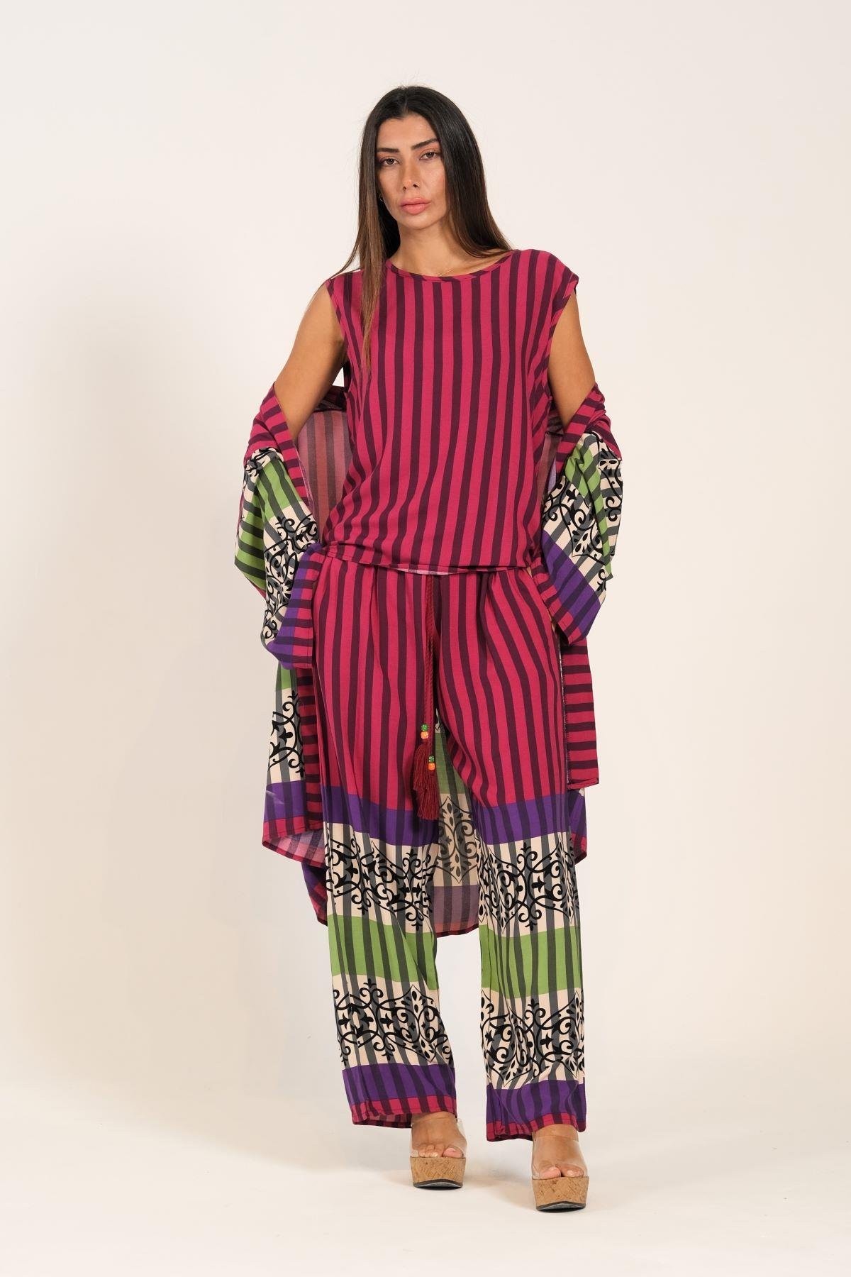 Fuşya Çizgili Tunik Bluz Pantolon Üçlü Takım