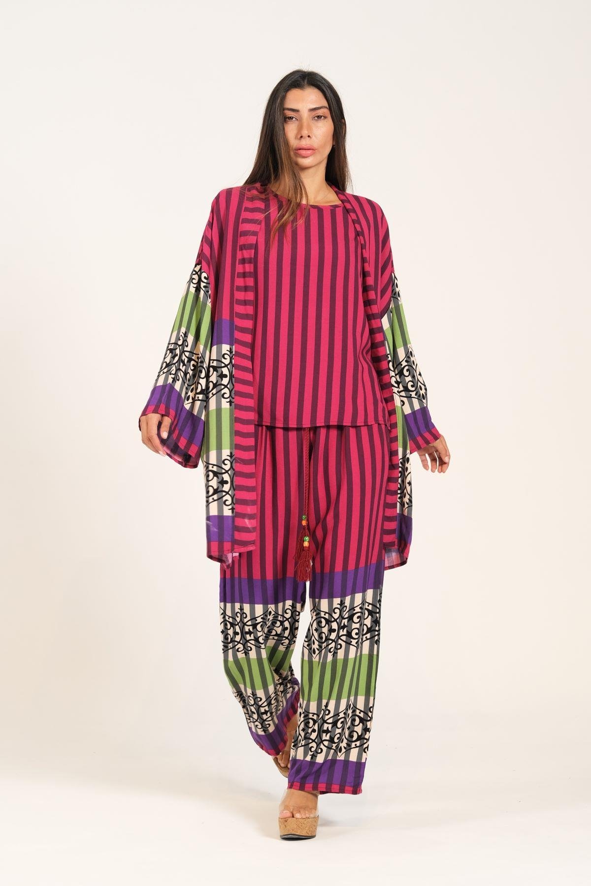 Fuşya Çizgili Tunik Bluz Pantolon Üçlü Takım