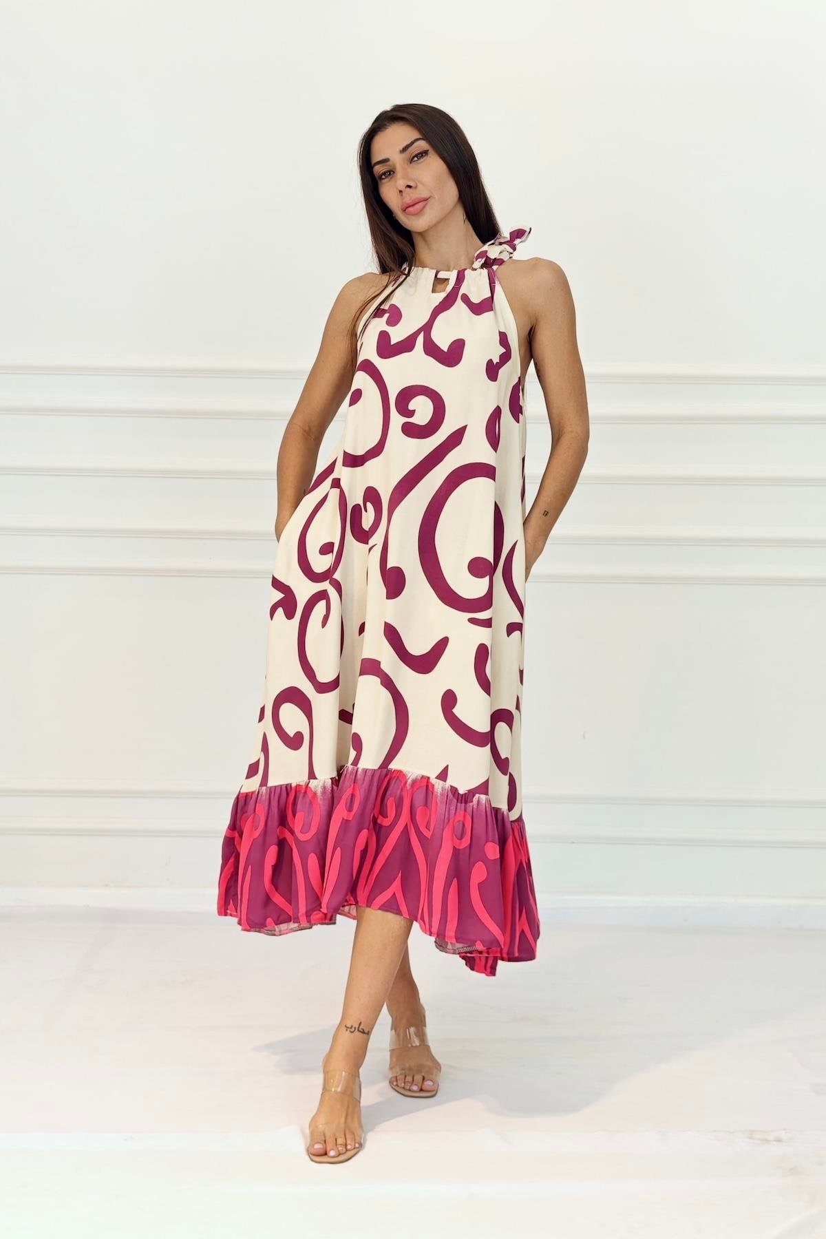 Fuşya Desenli Boyundan Bağlamalı Cepli Uzun Elbise