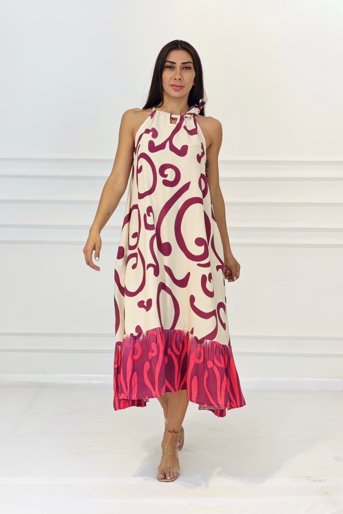 Fuşya Desenli Boyundan Bağlamalı Cepli Uzun Elbise