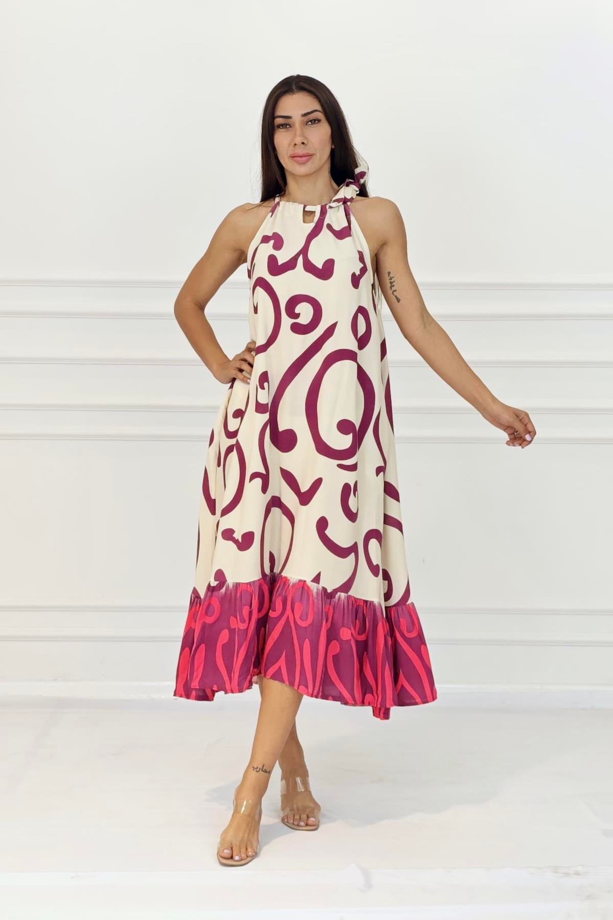 Fuşya Desenli Boyundan Bağlamalı Cepli Uzun Elbise