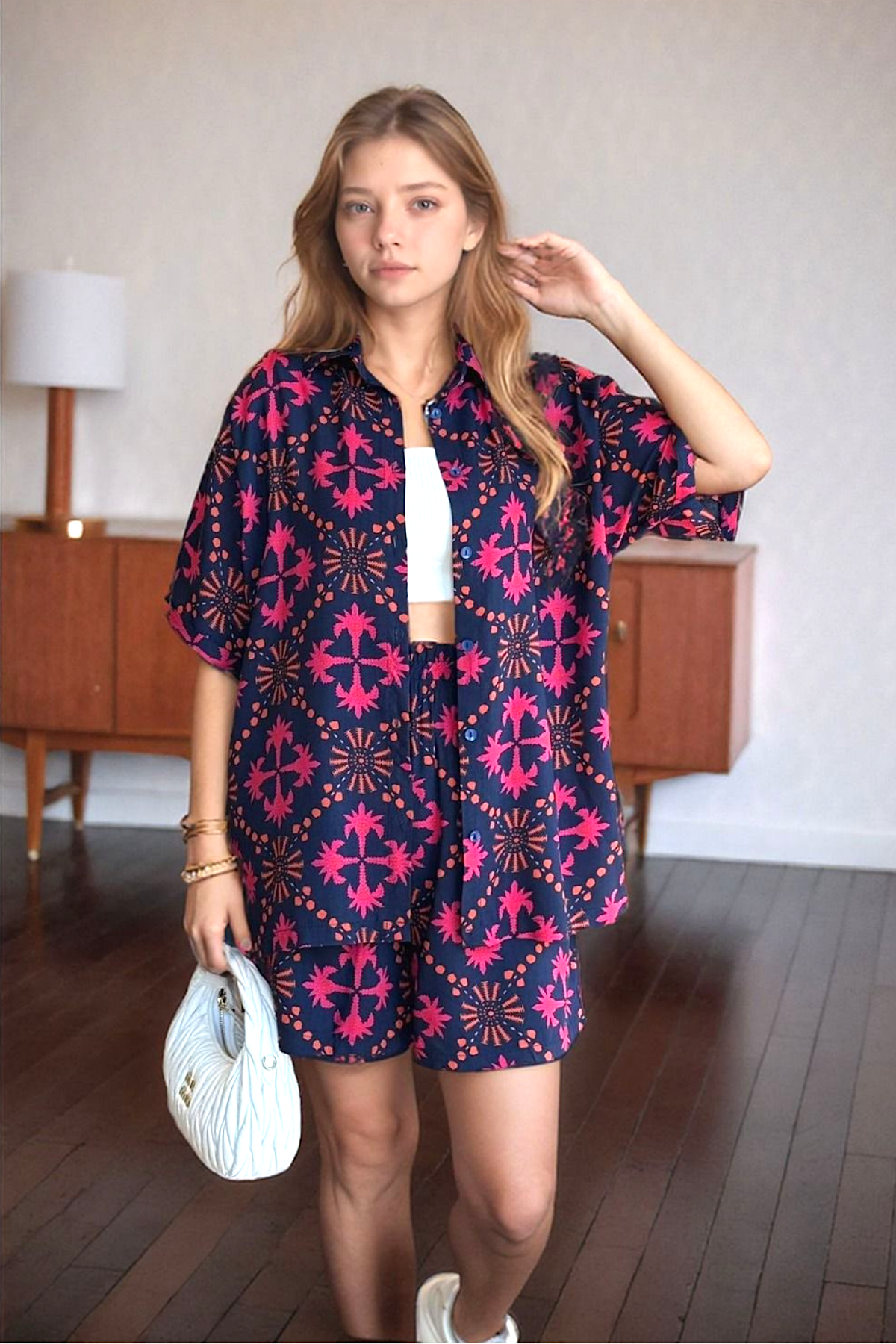 Fuşya Desenli Gömleği Kısa Kollu Gömlek Şort Takım