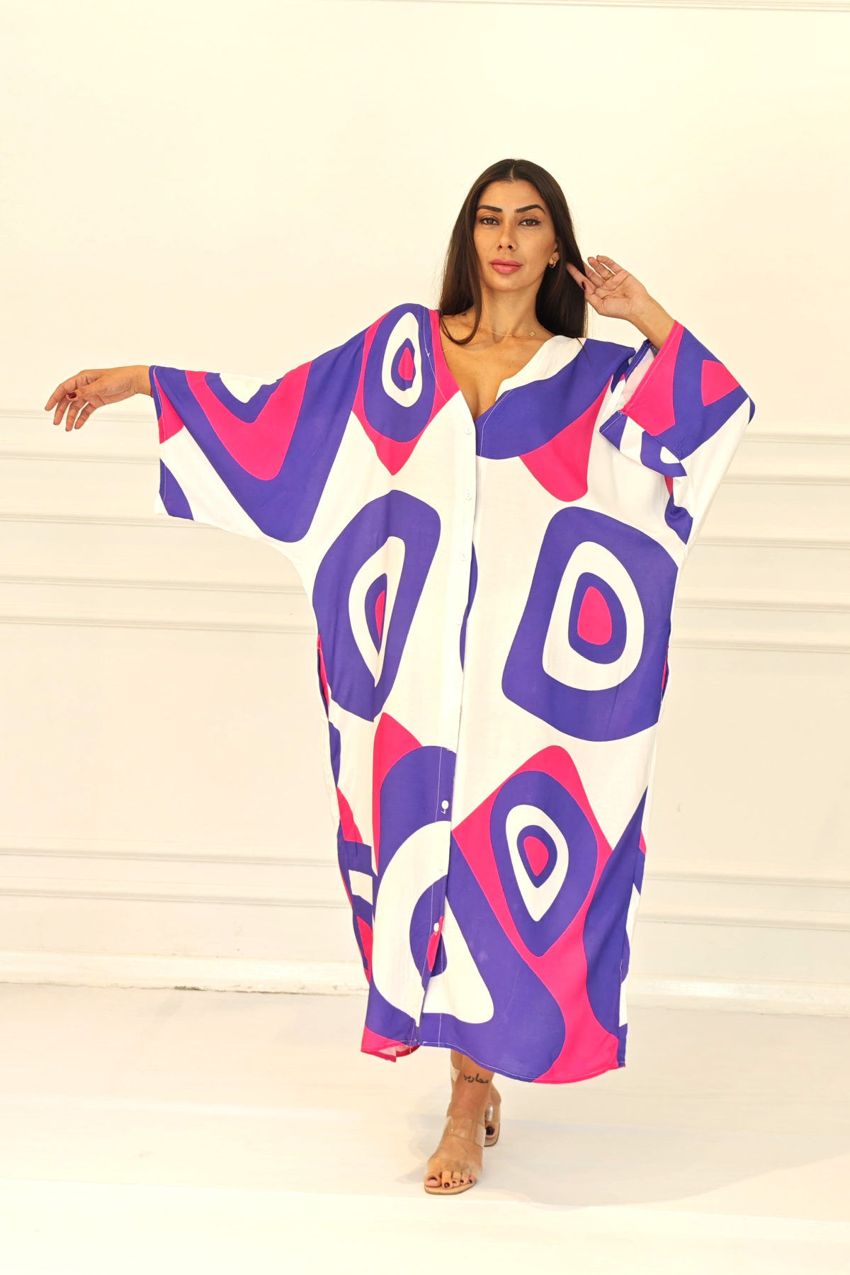 Fuşya Desenli Sırtı Göz Baskılı Cepli Oversize Uzun Gömlek Elbise