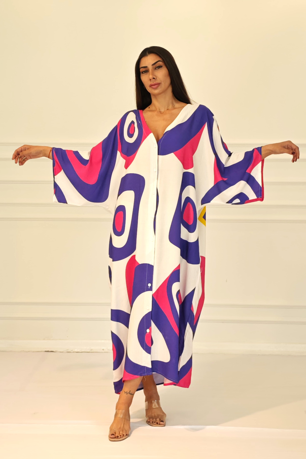 Fuşya Desenli Sırtı Göz Baskılı Cepli Oversize Uzun Gömlek Elbise