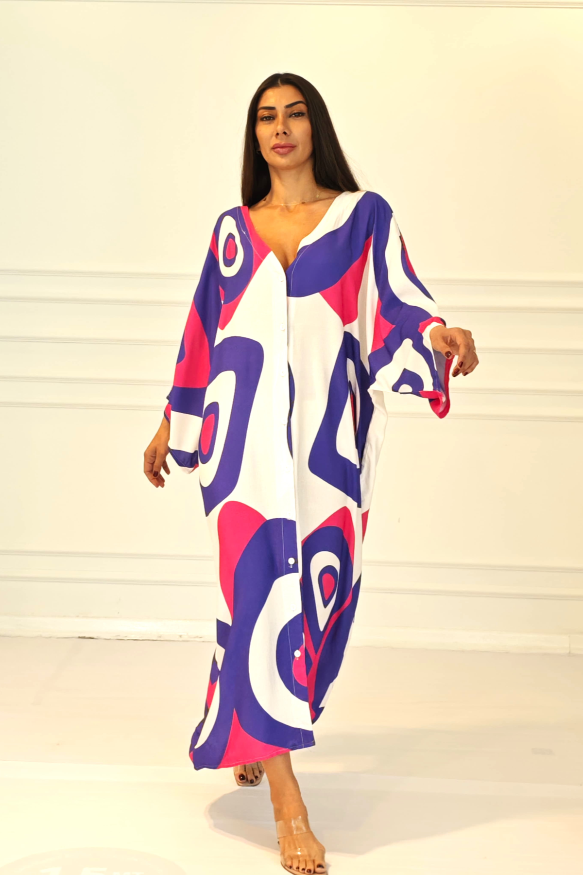 Fuşya Desenli Sırtı Göz Baskılı Cepli Oversize Uzun Gömlek Elbise